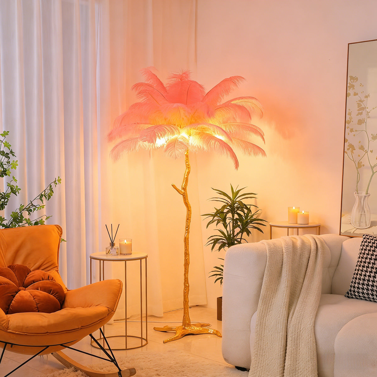 Ostrich Feather Floor Lamp | Golden 4-Light Branch pink
