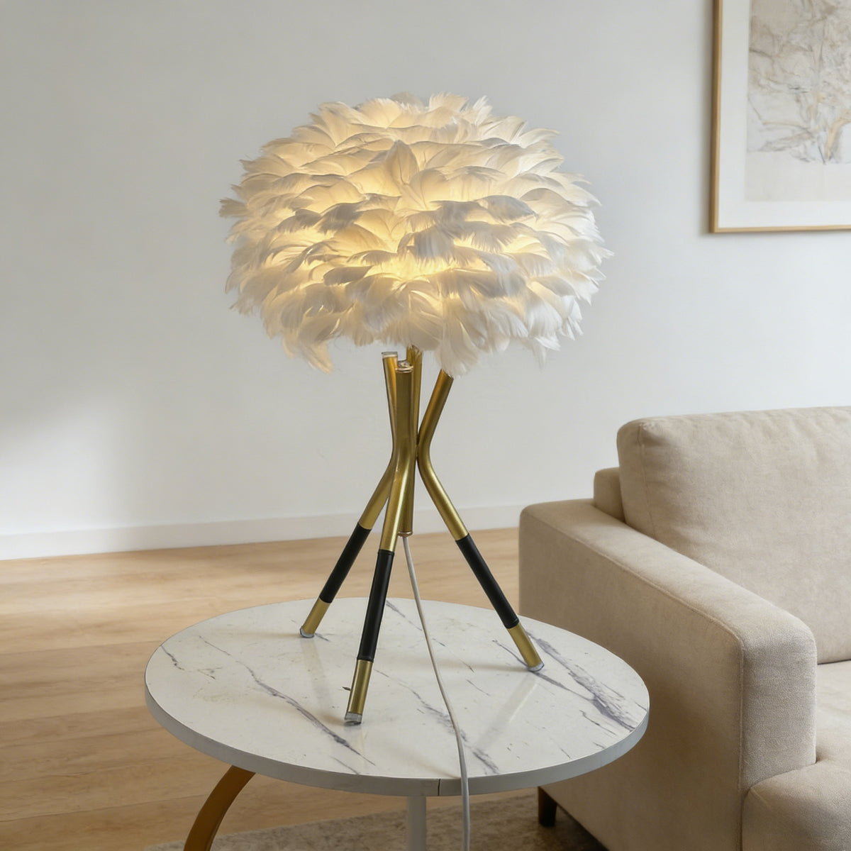 Nordic Feather Table Lamp, 3-Color Dimmable, Remote Control, Iron Base Bedside Light