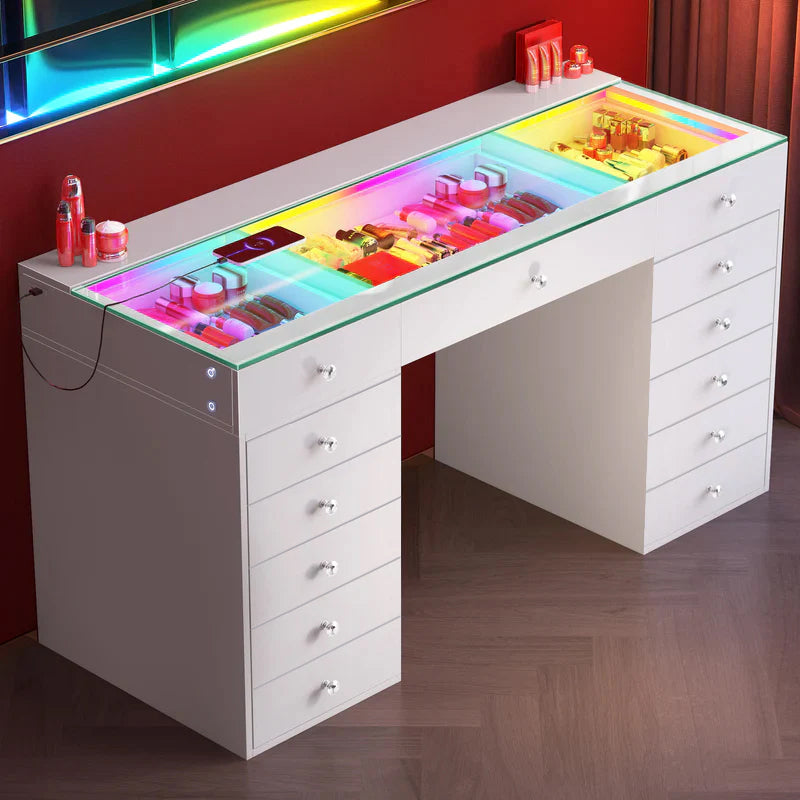 Promotion Deal! VANITII Eva-RGB Vanity Desk with 13 Storage Drawers(VNT-EVA(IVY-TOP)-RGB-WHT-A)