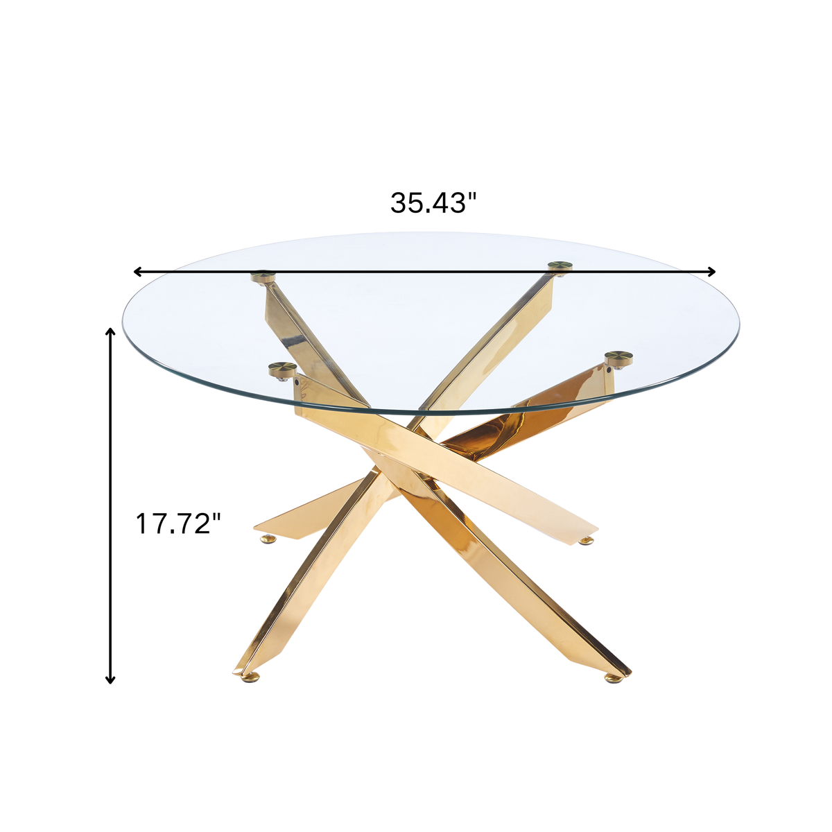 35.43" Round Coffee Table, 8MM Clear Tempered Glass Top with Golden Crossed Metal Base, Easy to Clean