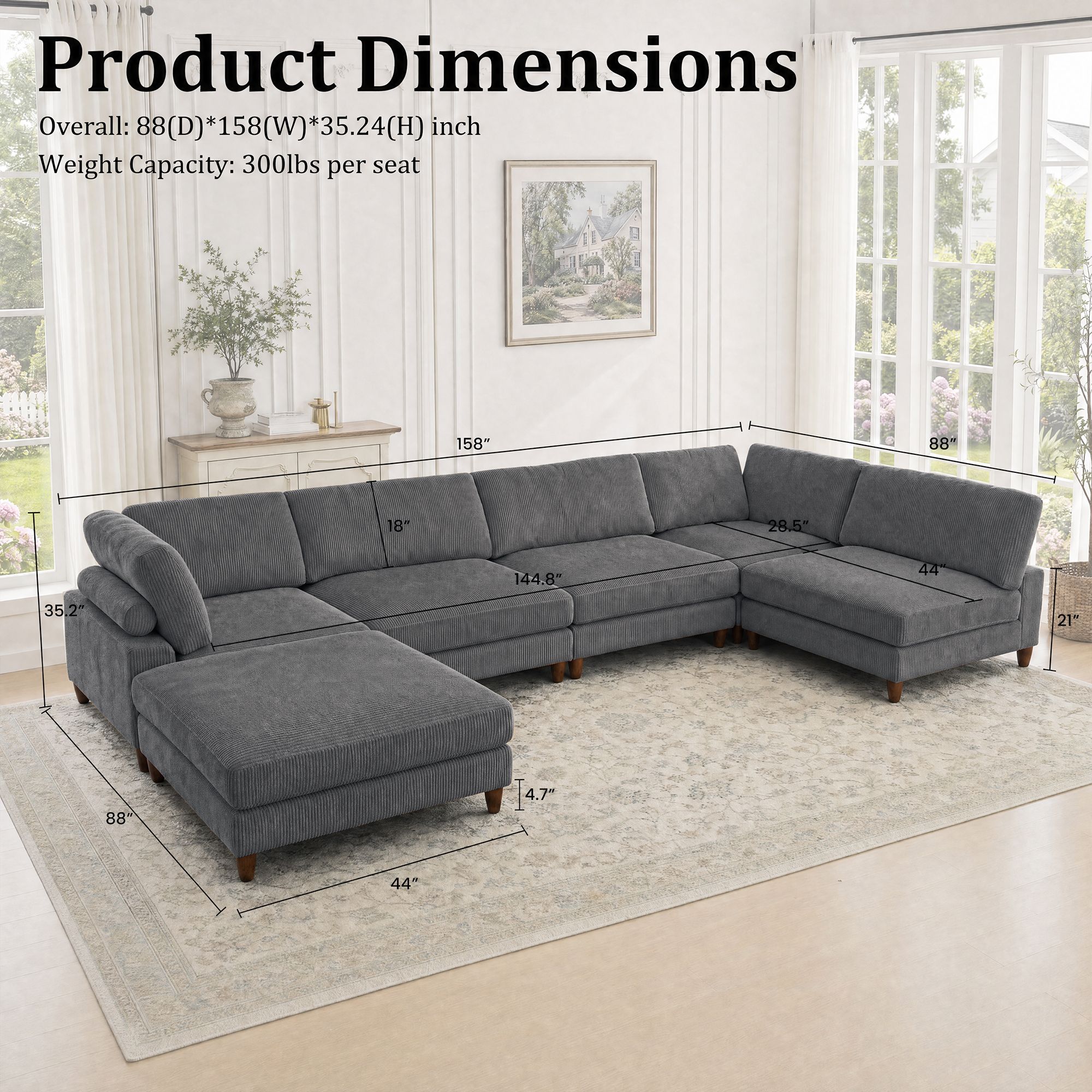 Solid Wood Frame Corduroy Modular Sofa Gray