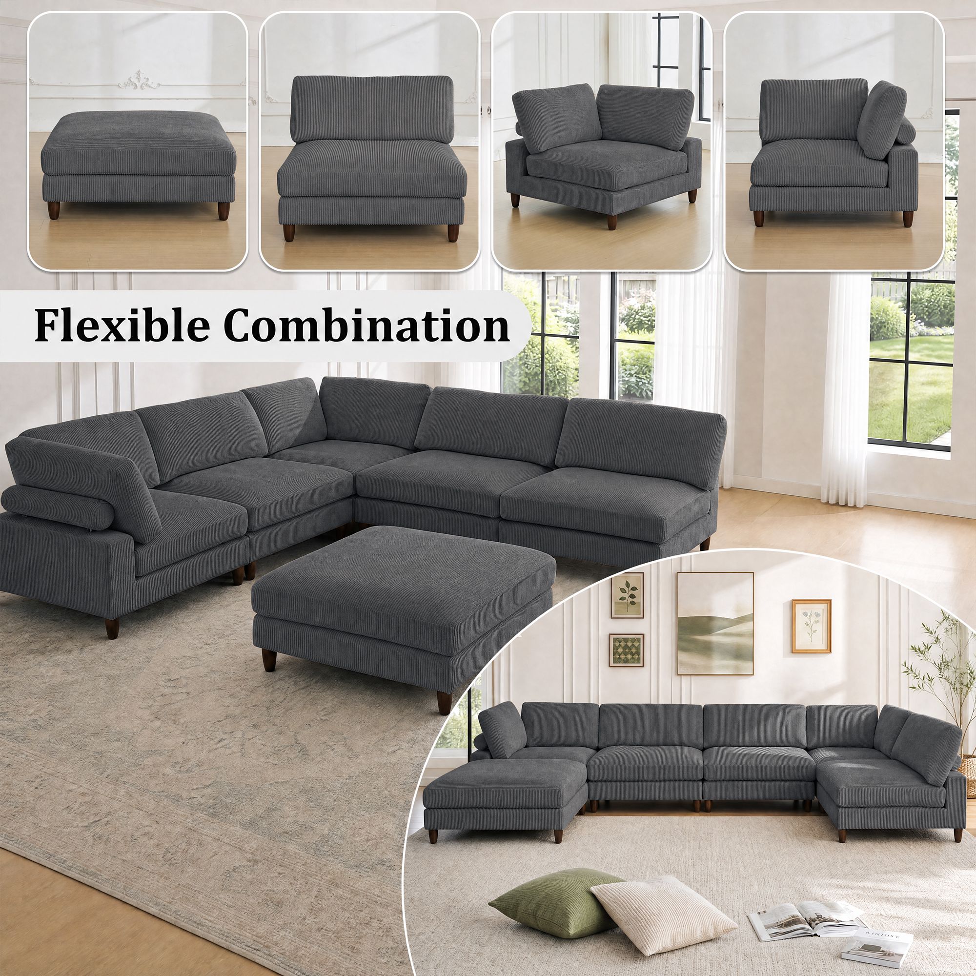 Solid Wood Frame Corduroy Modular Sofa Gray