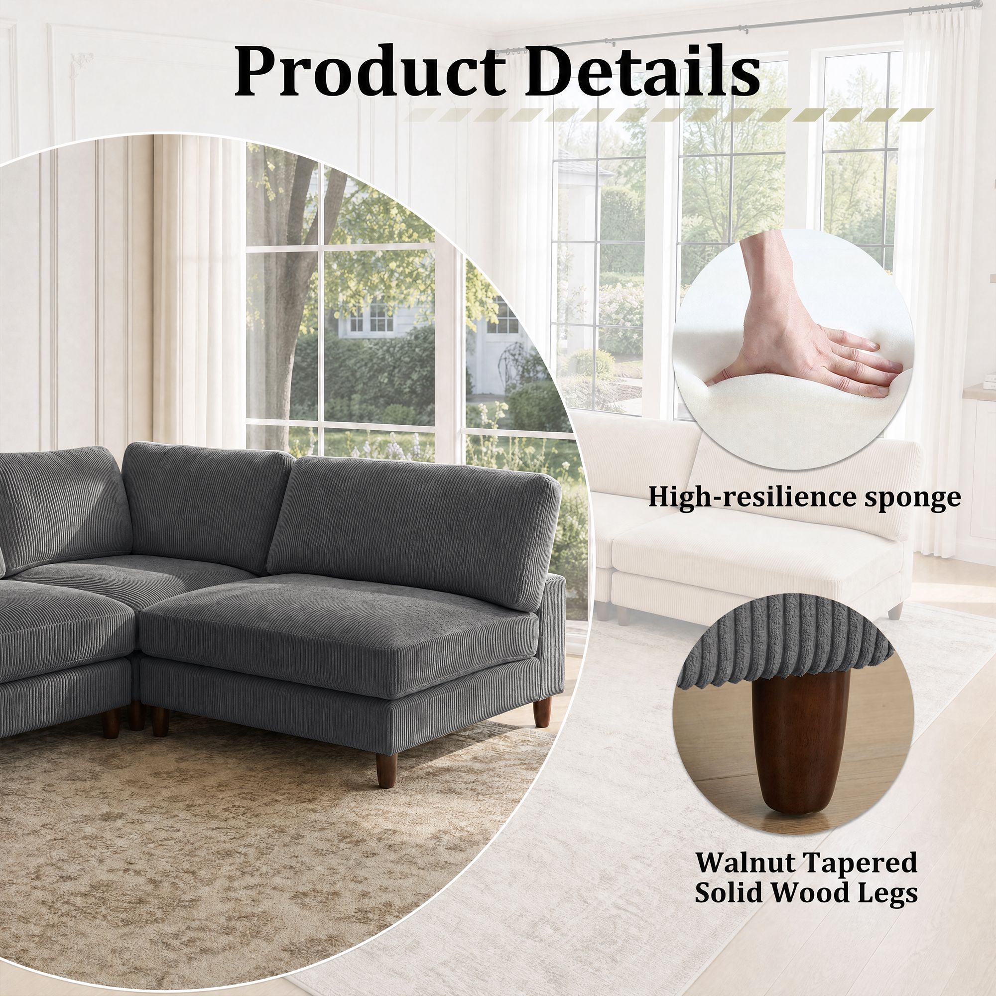 Solid Wood Frame Corduroy Modular Sofa Gray