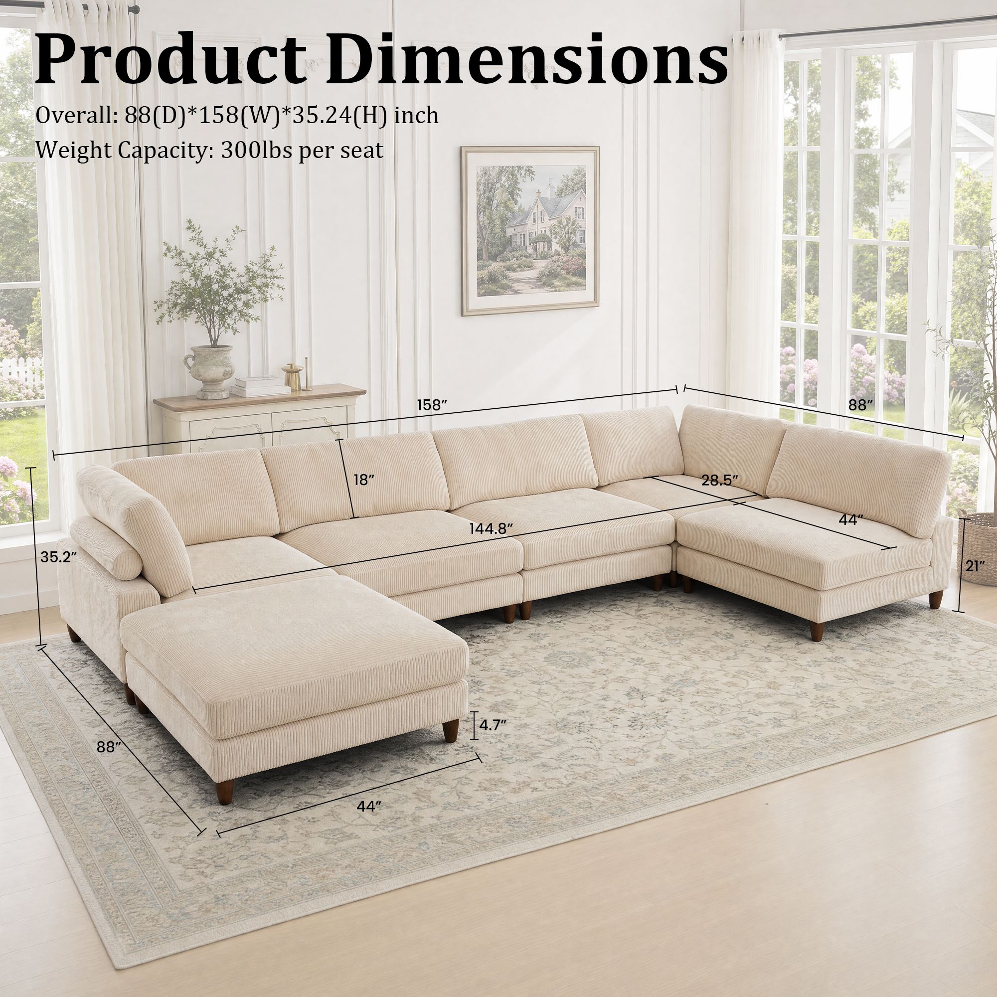 Piece Solid Wood Frame Corduroy Modular Sofa White