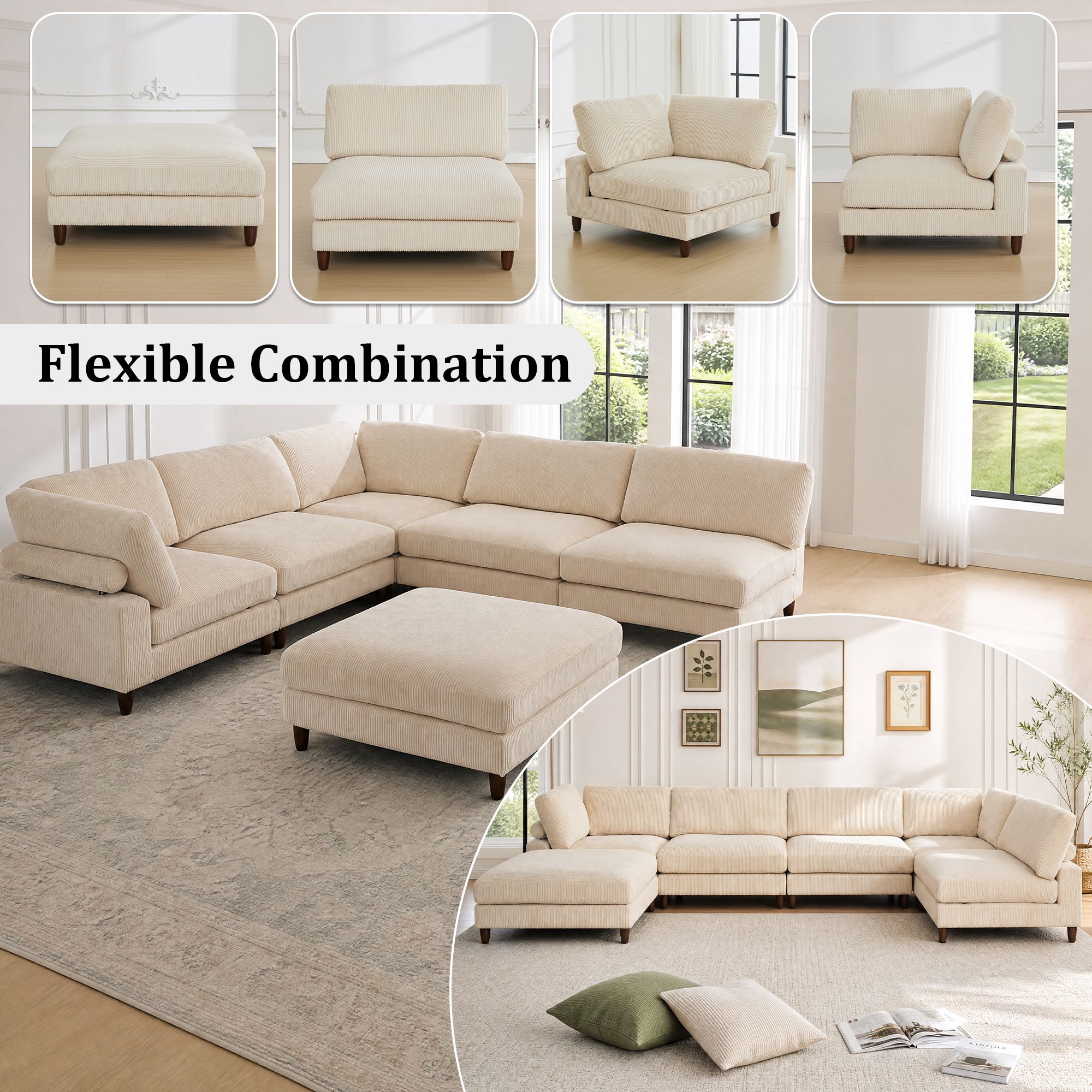 Piece Solid Wood Frame Corduroy Modular Sofa White