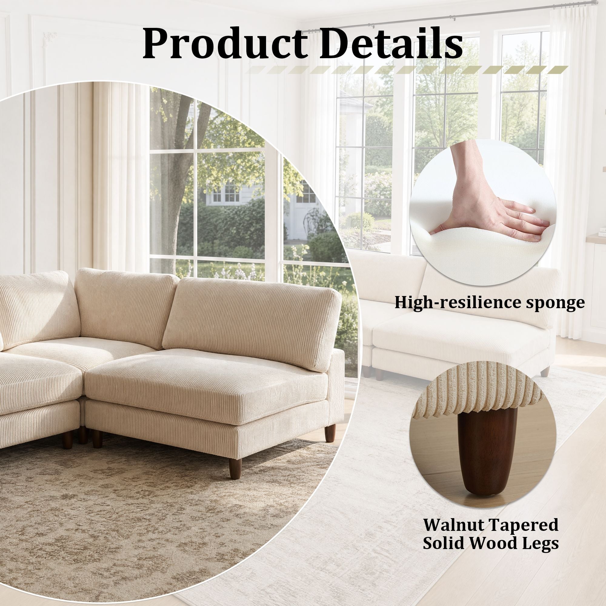 Piece Solid Wood Frame Corduroy Modular Sofa White