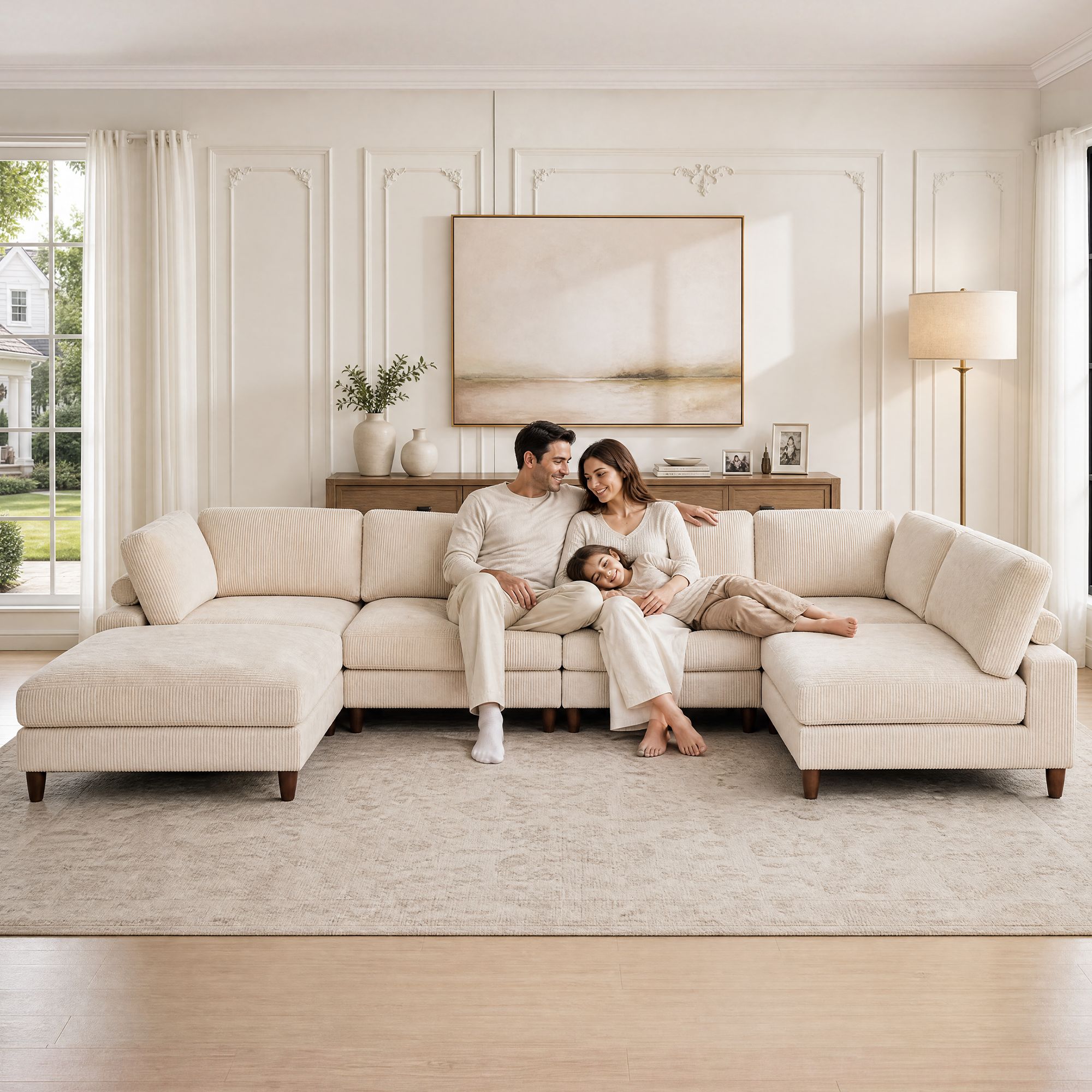 Piece Solid Wood Frame Corduroy Modular Sofa White