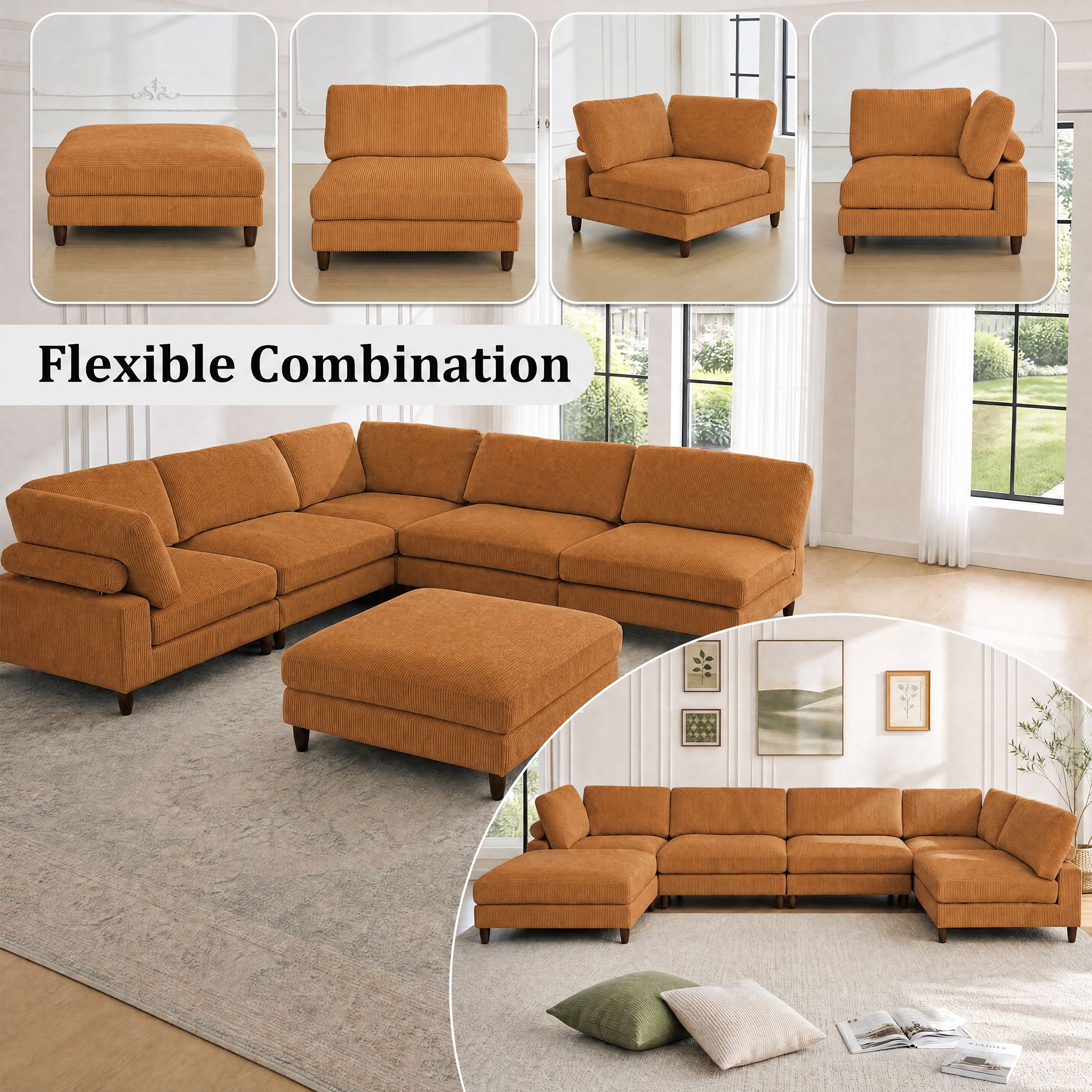 Solid Wood Frame Corduroy Modular Sofa Yellow