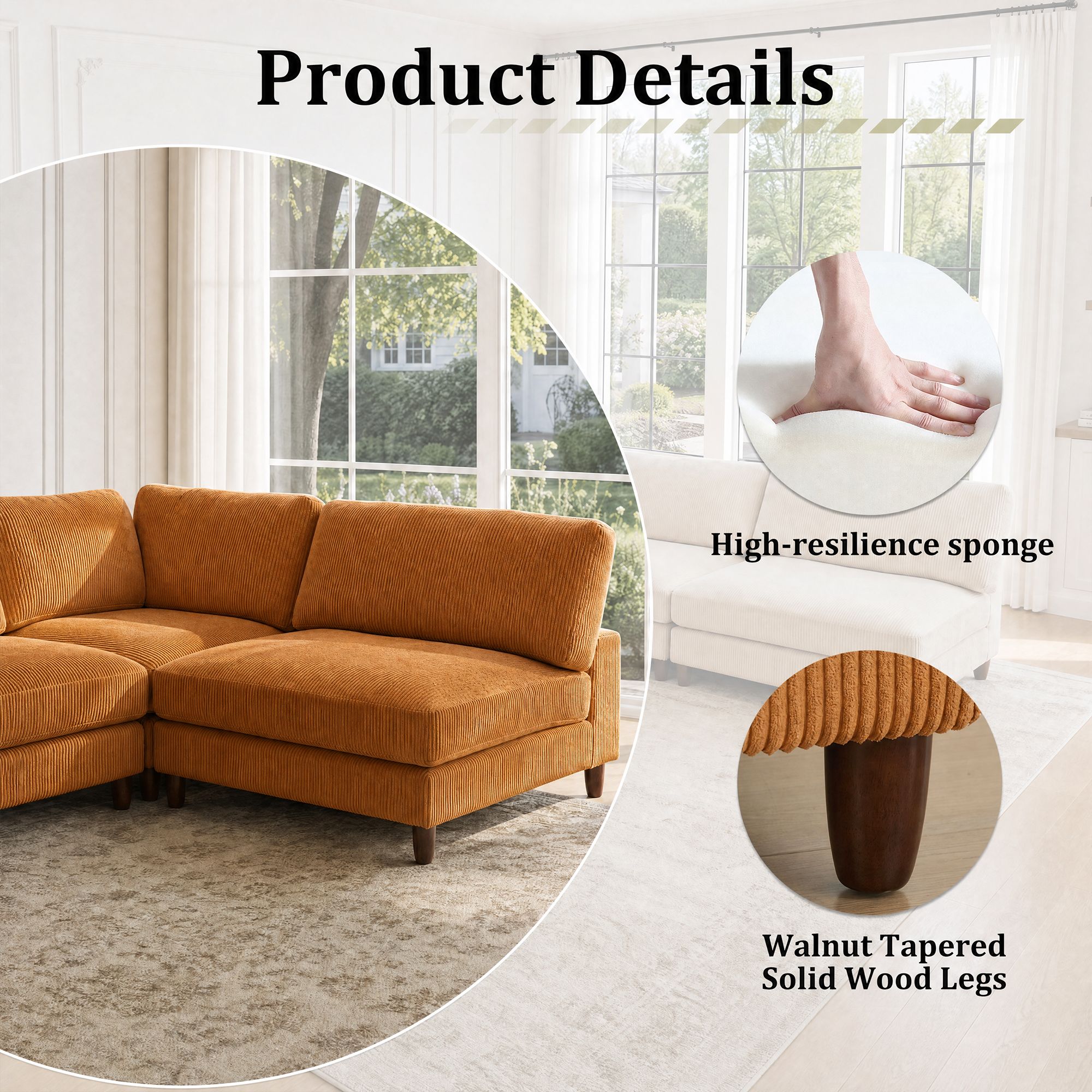 Solid Wood Frame Corduroy Modular Sofa Yellow