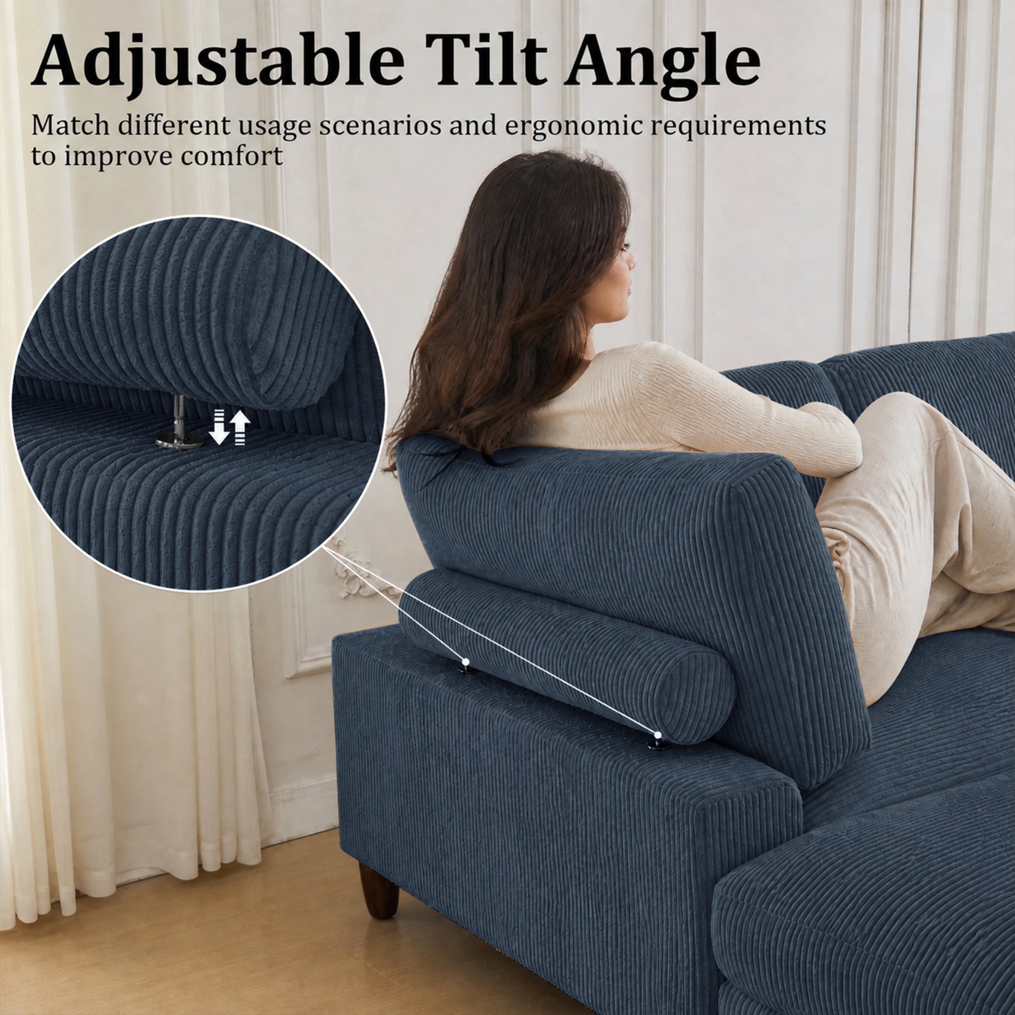 Solid Wood Frame Corduroy Modular Sofa Blue