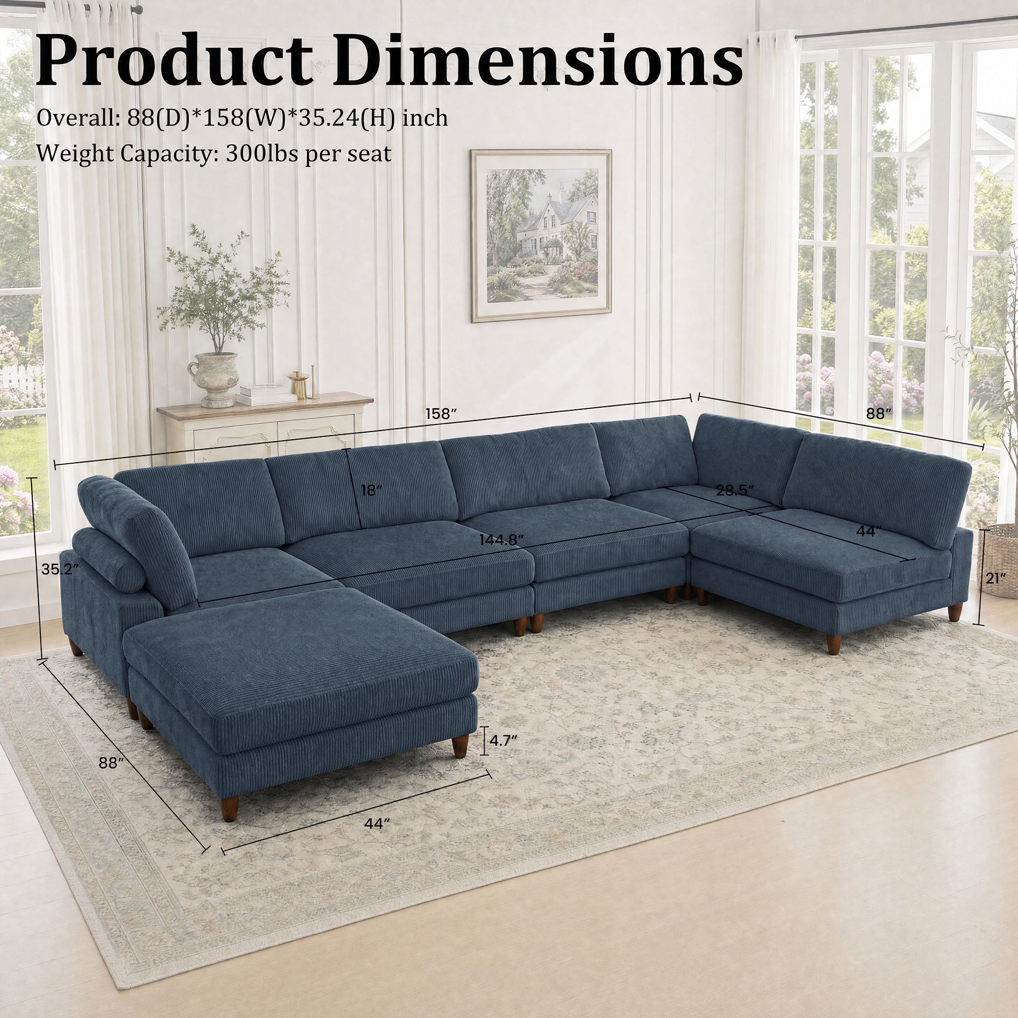Solid Wood Frame Corduroy Modular Sofa Blue