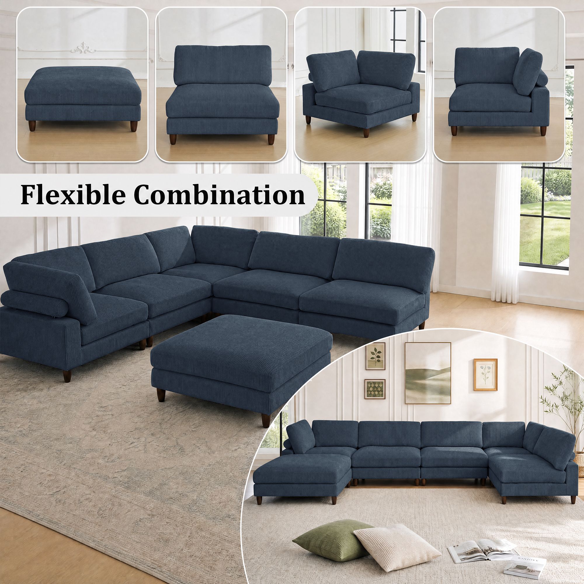Solid Wood Frame Corduroy Modular Sofa Blue