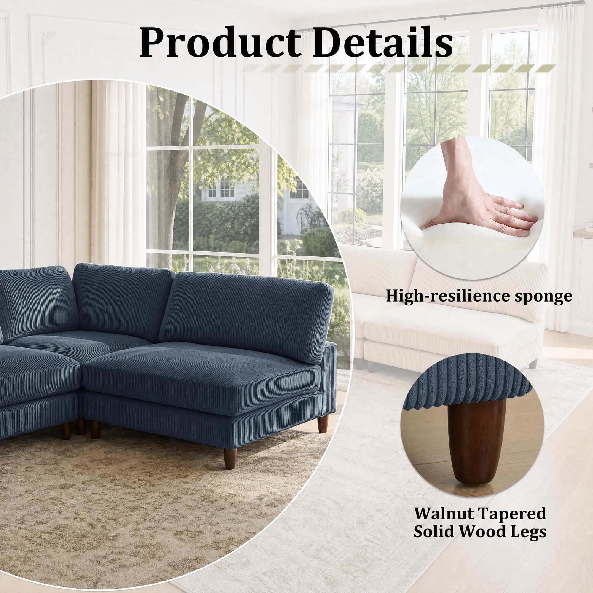 Solid Wood Frame Corduroy Modular Sofa Blue
