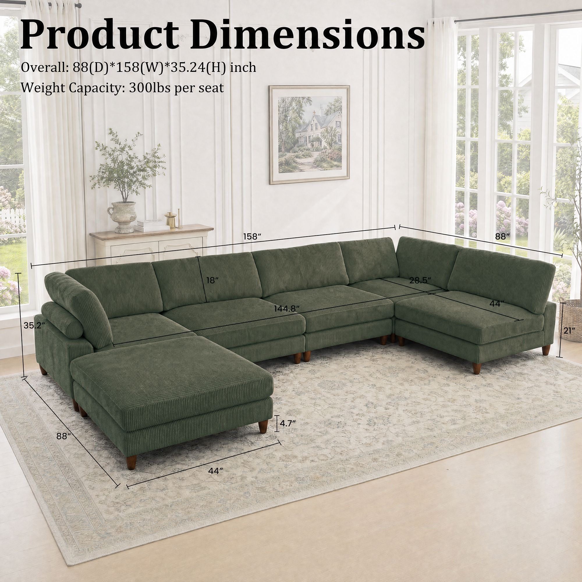 Solid Wood Frame Corduroy Modular Sofa Green