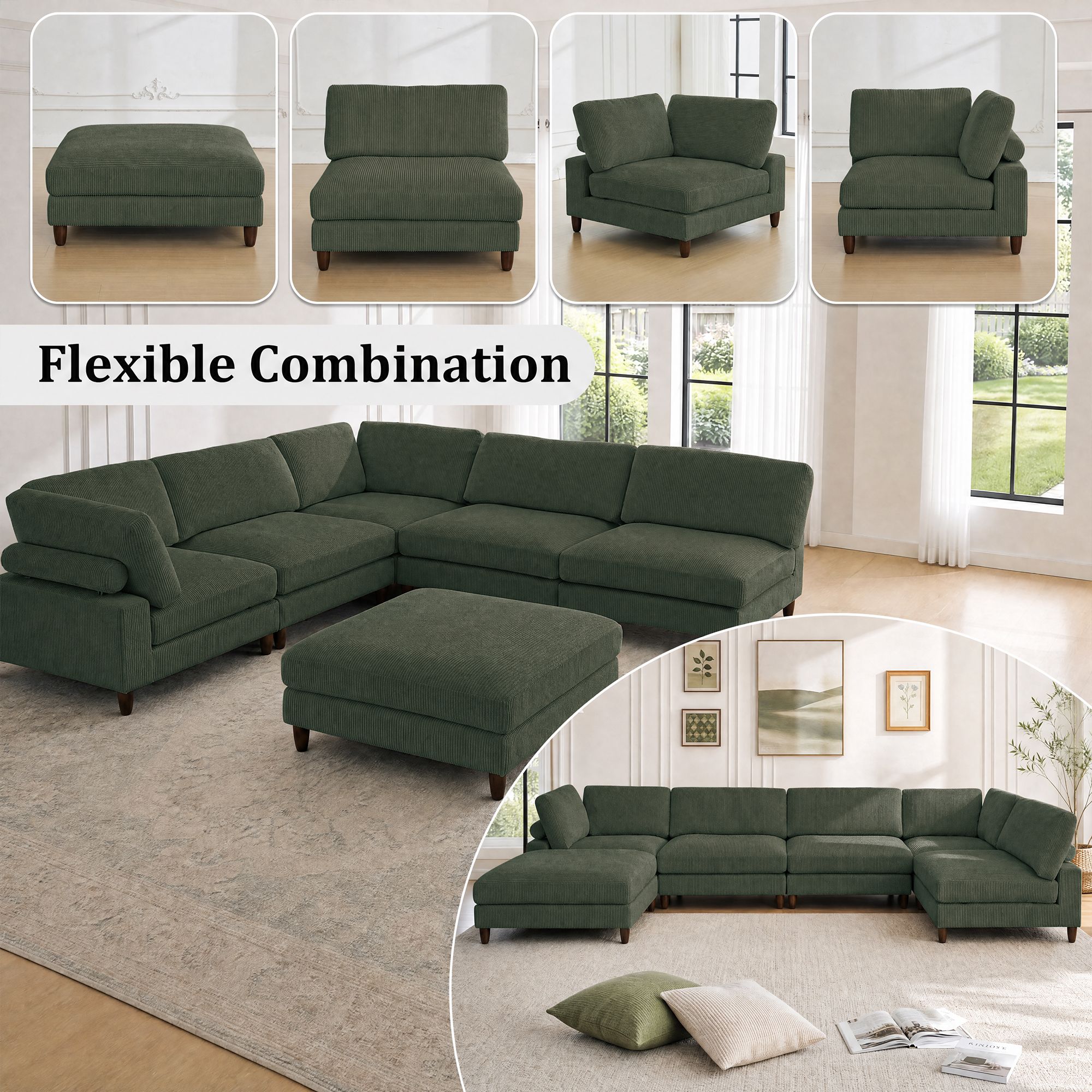 Solid Wood Frame Corduroy Modular Sofa Green