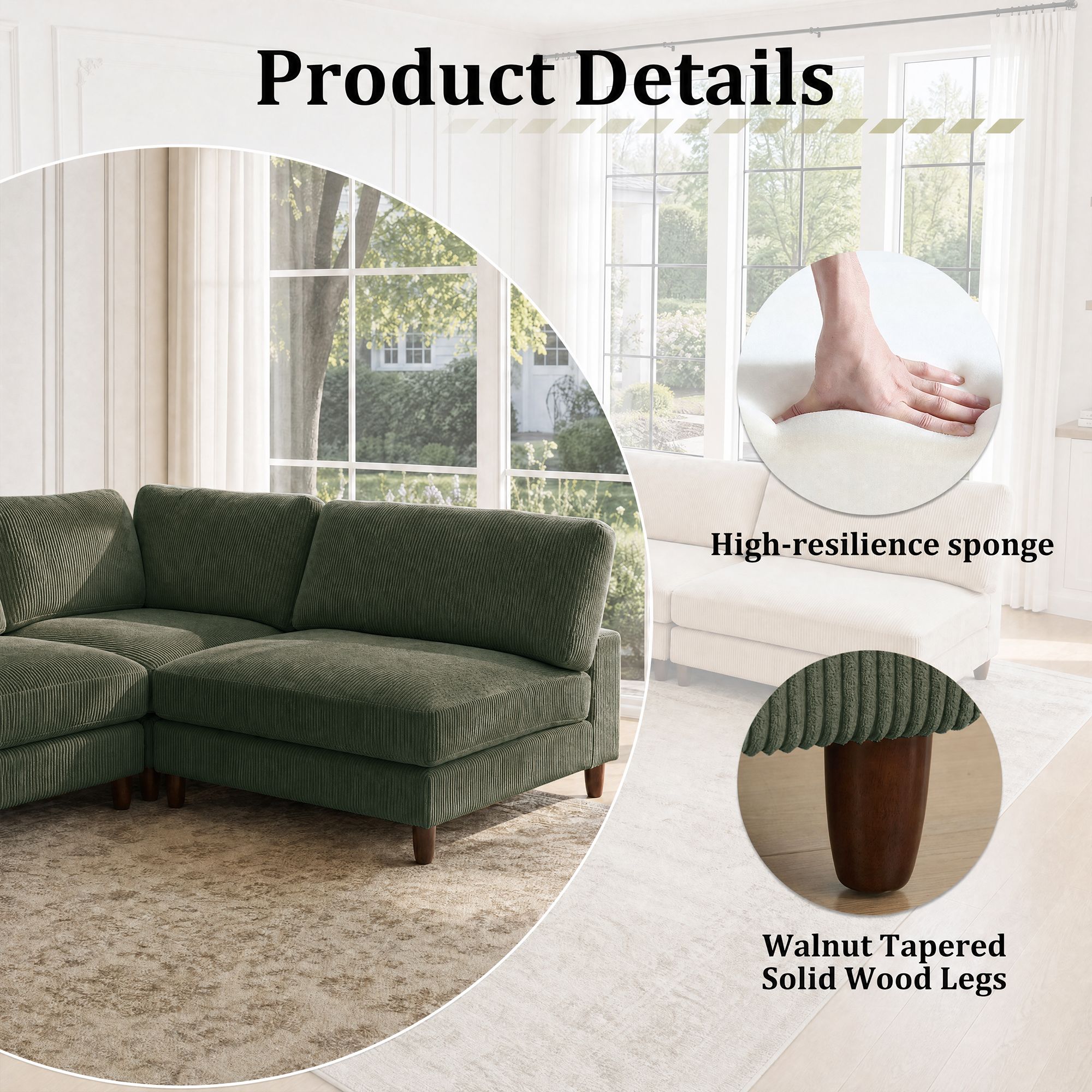 Solid Wood Frame Corduroy Modular Sofa Green