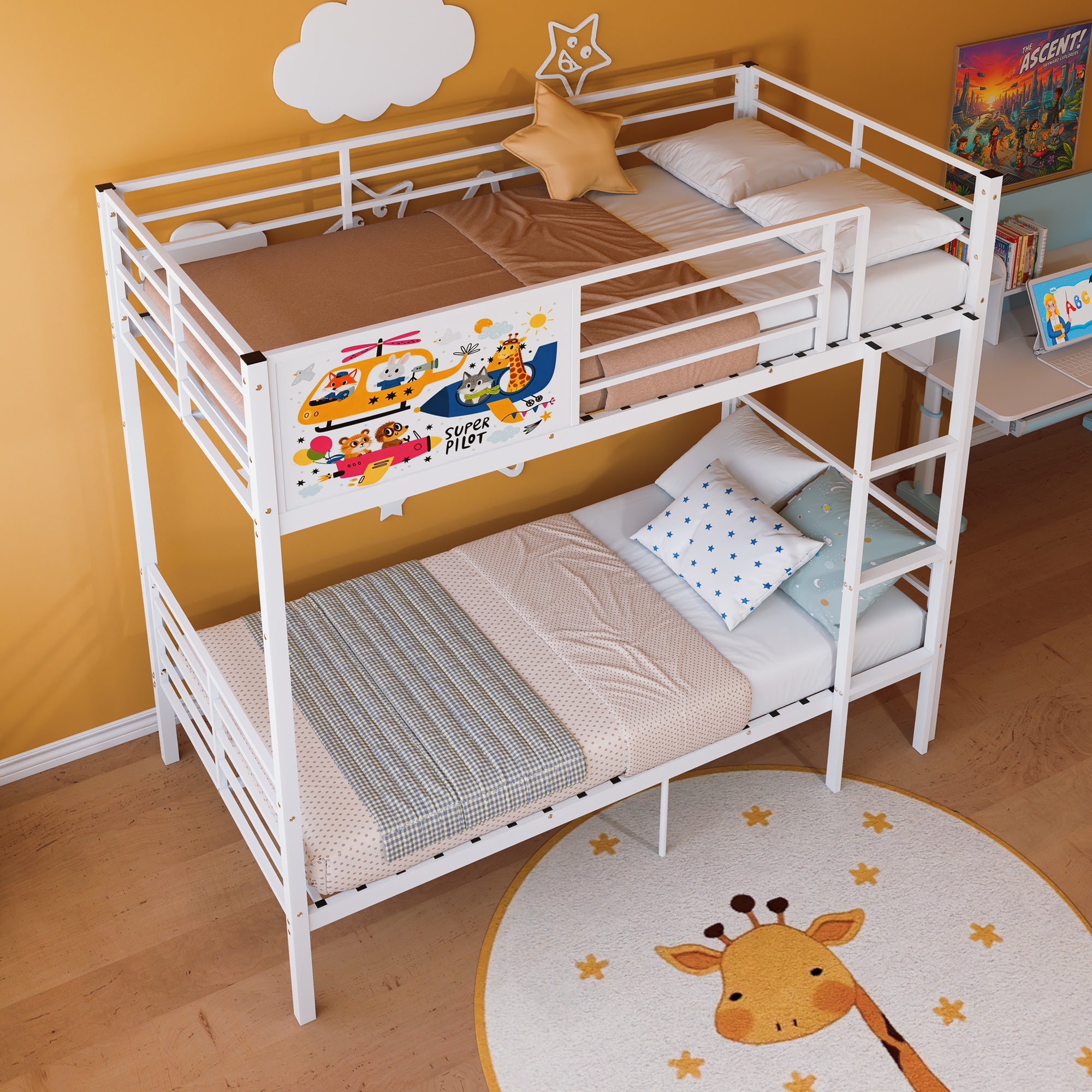 Metal Bunk Bed Frame Twin Over Twin with Ladder and High Guardrail