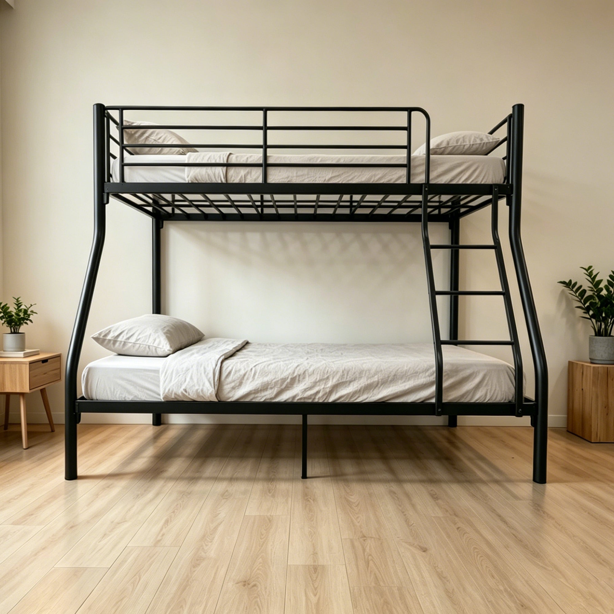 Metal Bunk Bed Frame- Twin Over Full Size, with Ladder & Steel Frame Support Black