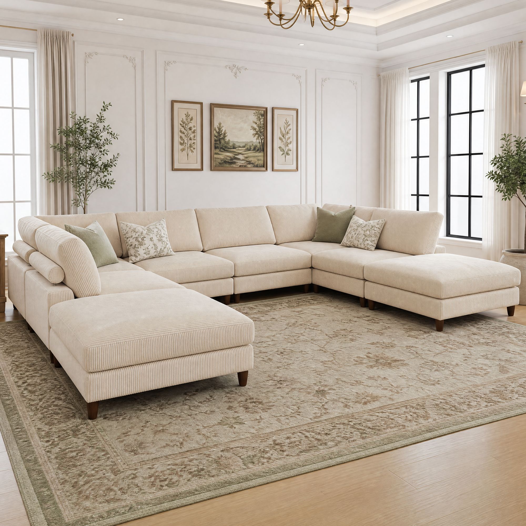Piece Solid Wood Frame Corduroy Modular Sofa White