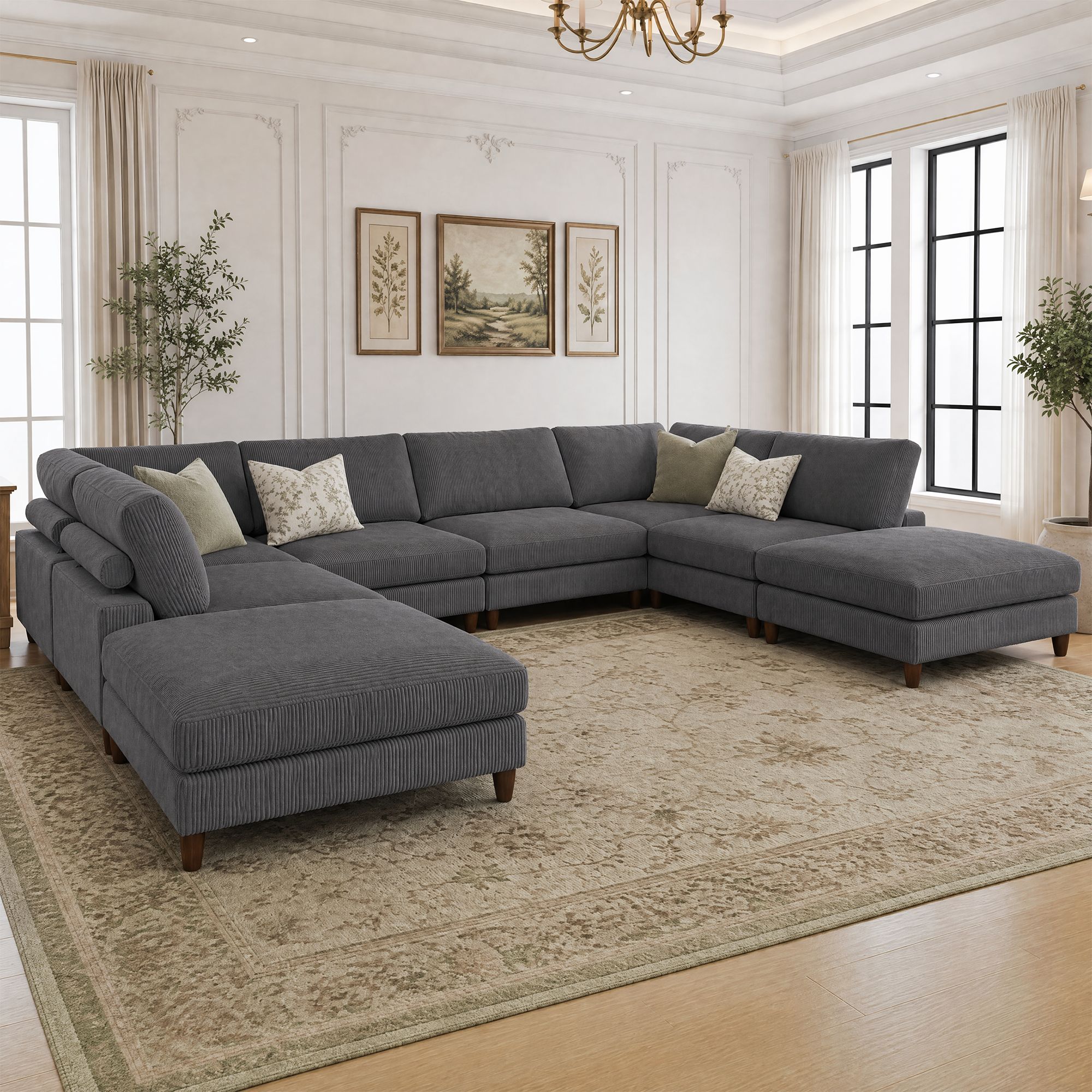 Solid Wood Frame Corduroy Modular Sofa Gray