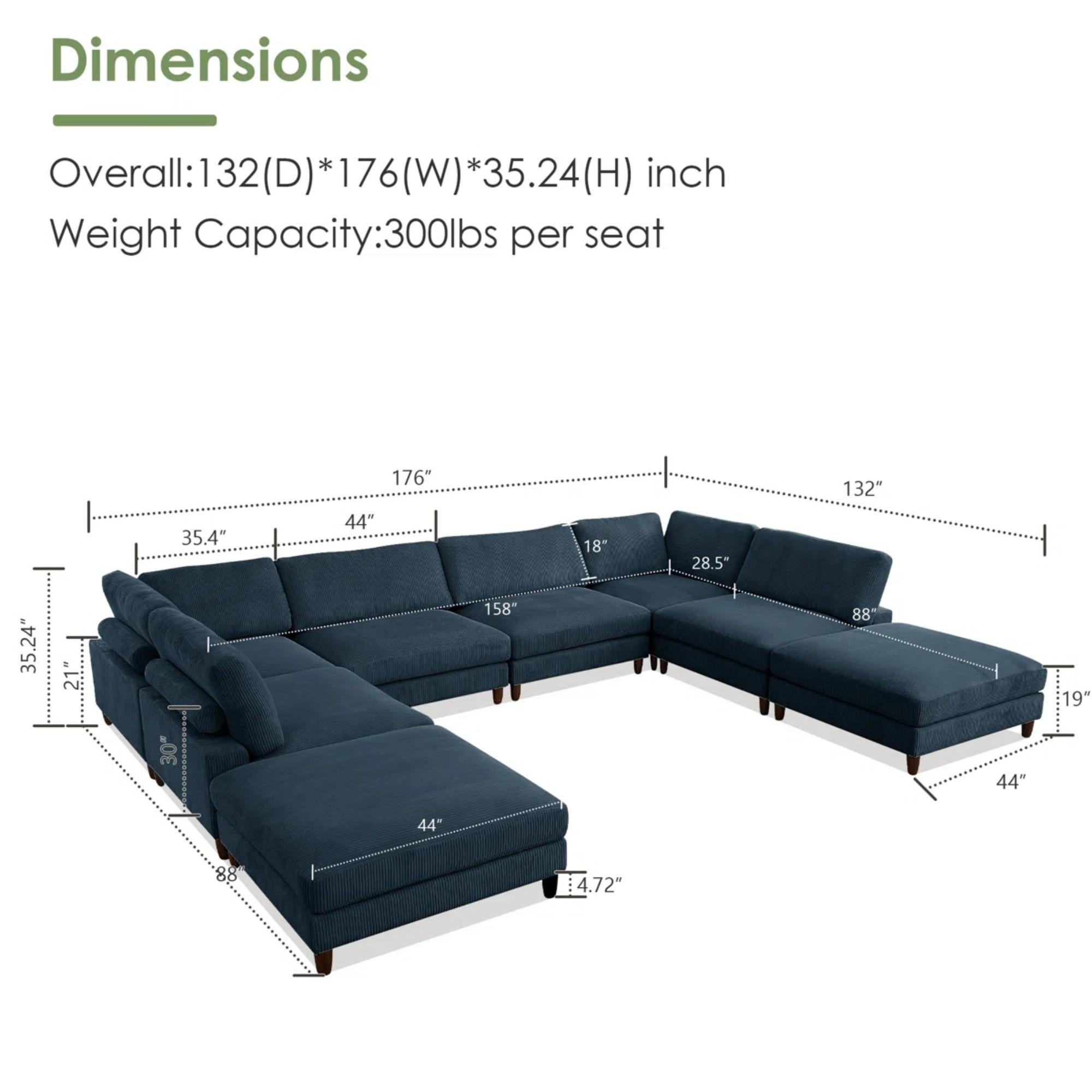 Solid Wood Frame Corduroy Modular Sofa Blue