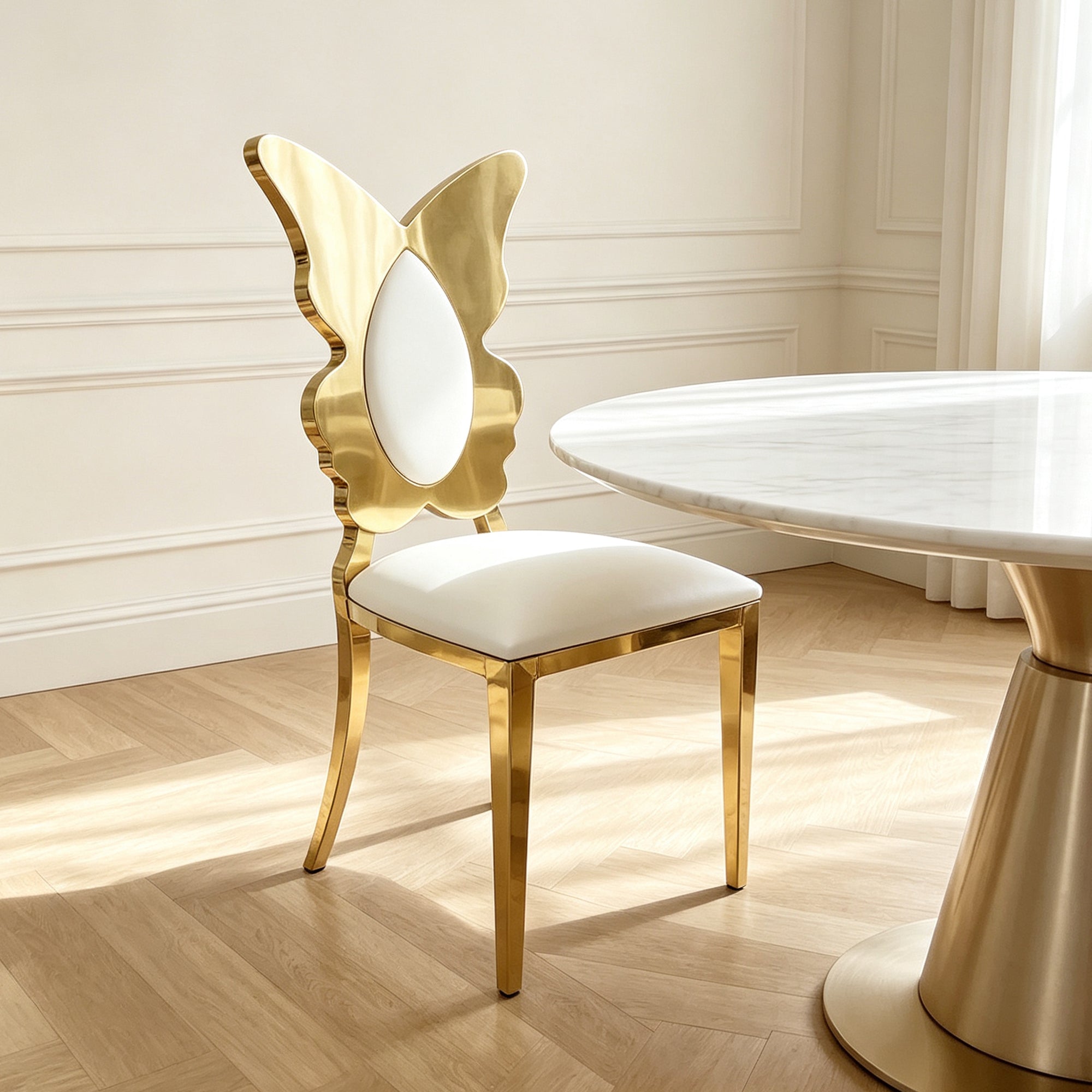 Dining Chairs And Kitchen Chairs, Modern Upholstered PU Leather Accent Chair with Stainless Steel Back And Legs, Gold