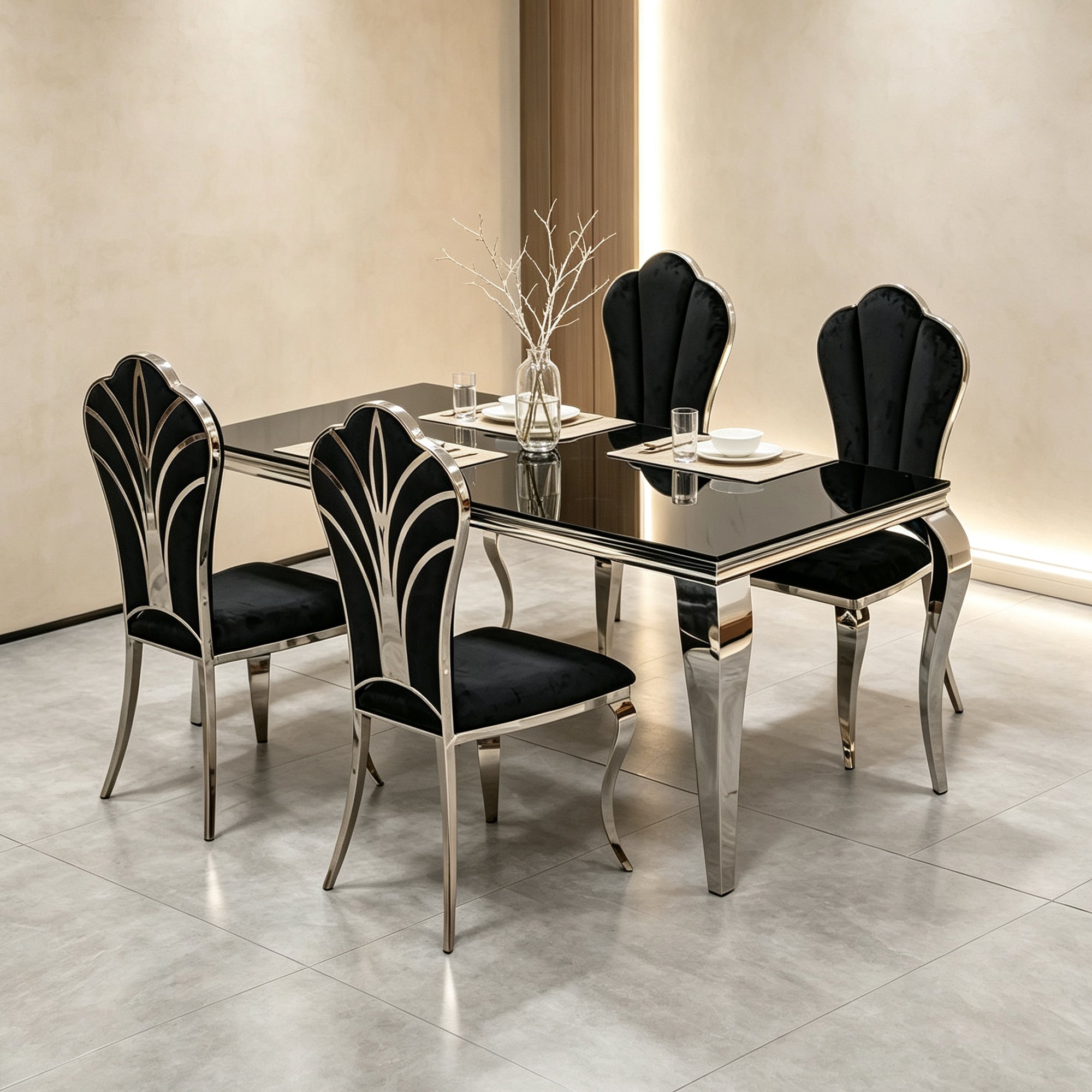 Black and Silver Dining Chairs, Upholstered High Back Dining Chairs with Mirrored Stainless Steel Backrest and Legs.