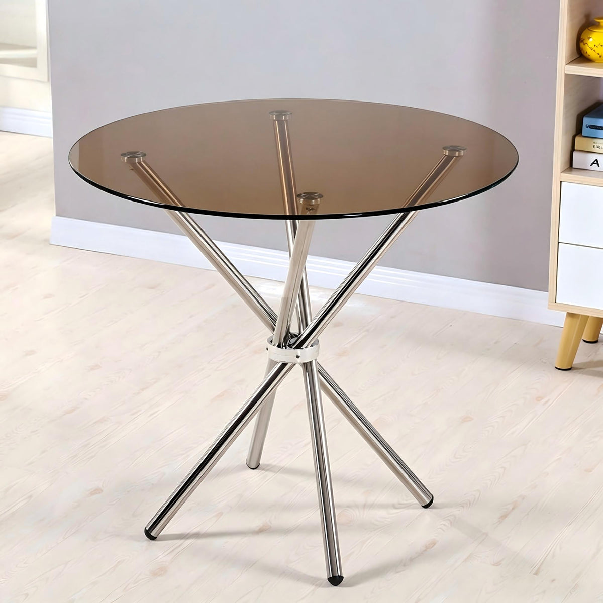 Glass Dining Table Round Kitchen Table with 4 Silver Chrome Legs-DT007