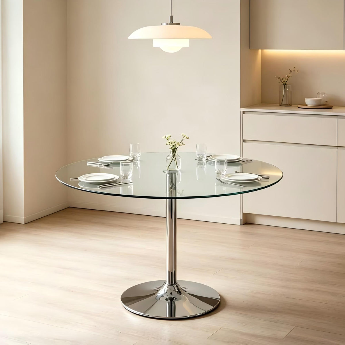 Clear Glass Round Dining Table with Chrome Metal Base-DT008