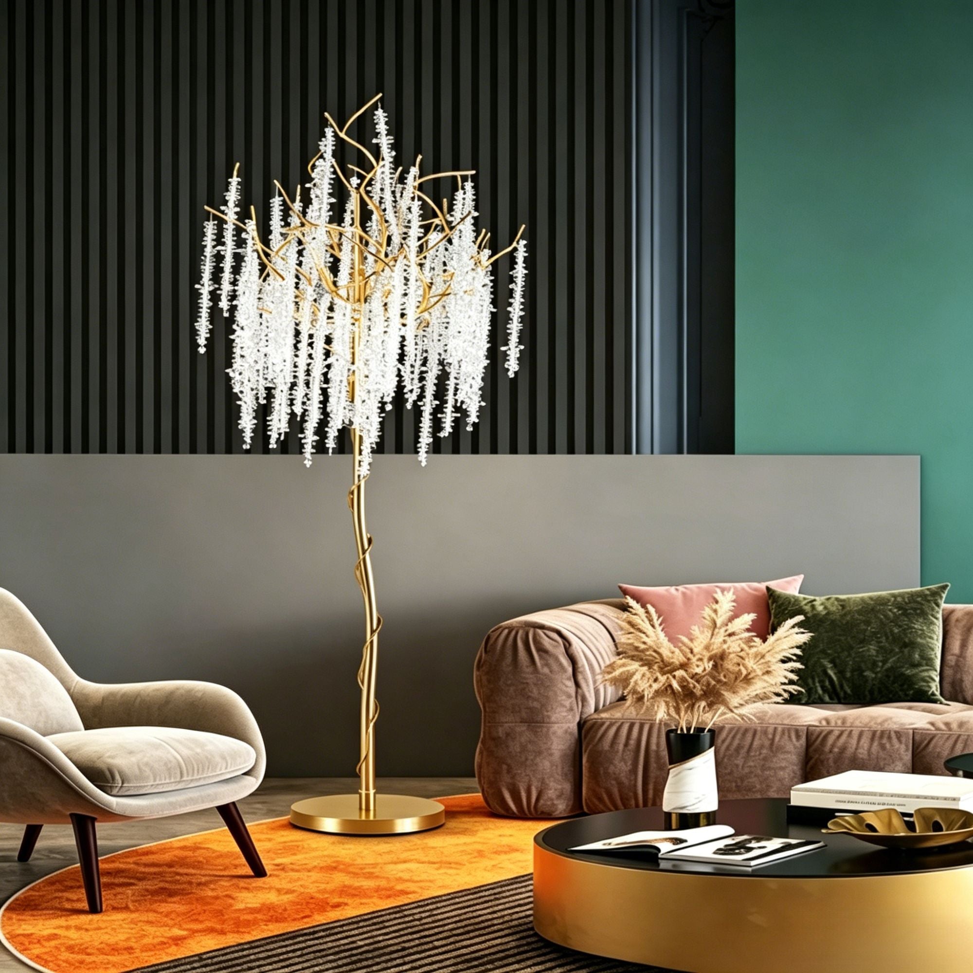 Golden Twisted Metal Tree Branch Crystal Floor Lamp, Postmodern Luxury 3-Color Dimmable LED Art Floor Light, High Transparent Crystal Pendant Standing Lamp for Modern Living Room Bedroom Interior Decoration