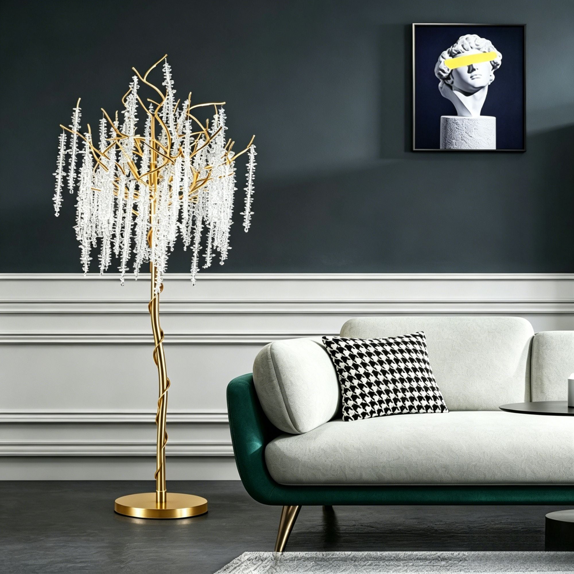 Postmodern Golden Crystal Branch Floor Lamp, Luxury Art Dimmable LED Ambient Light for Living Room Bedroom Home Decor