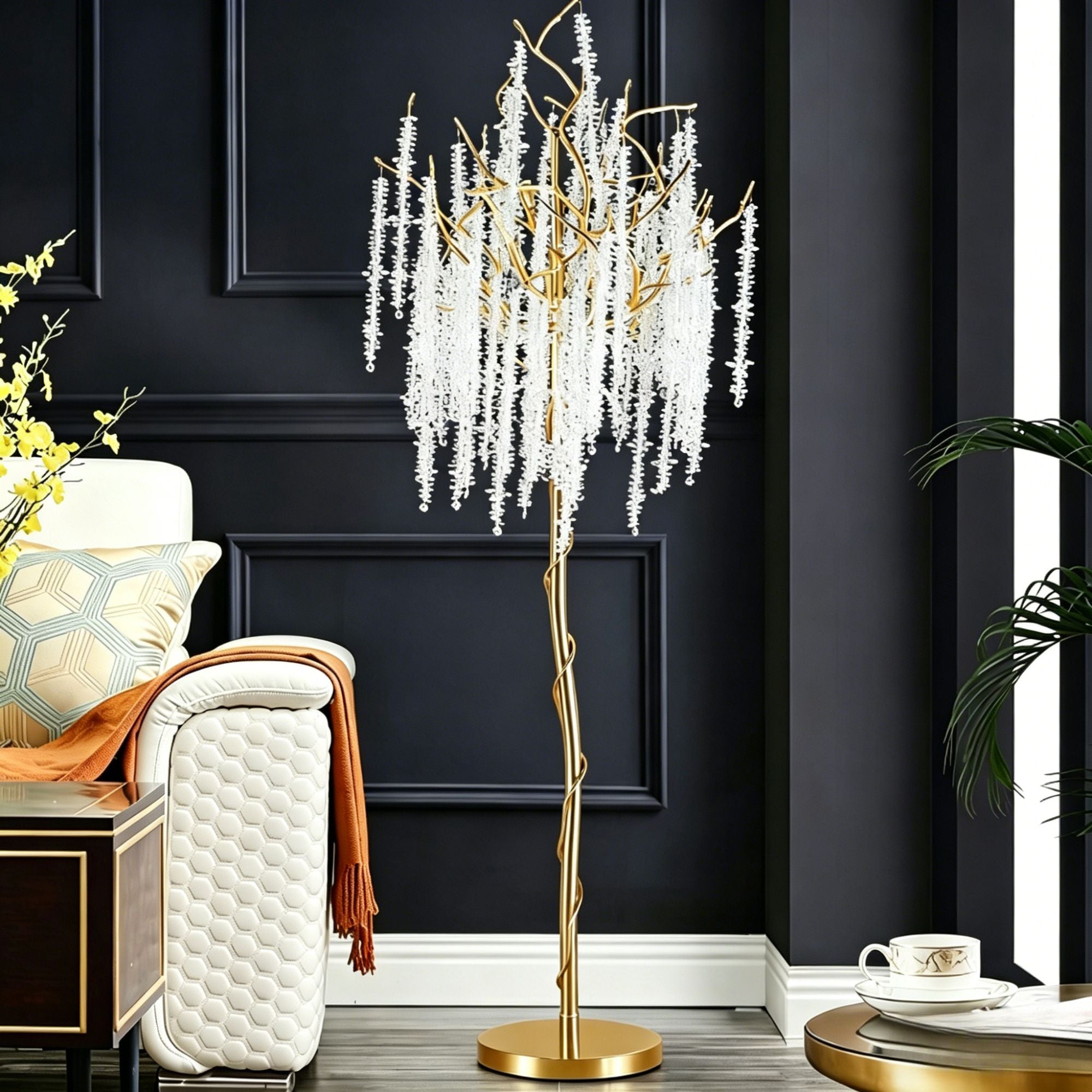 Postmodern Golden Crystal Branch Floor Lamp, Luxury Art Dimmable LED Ambient Light for Living Room Bedroom Home Decor