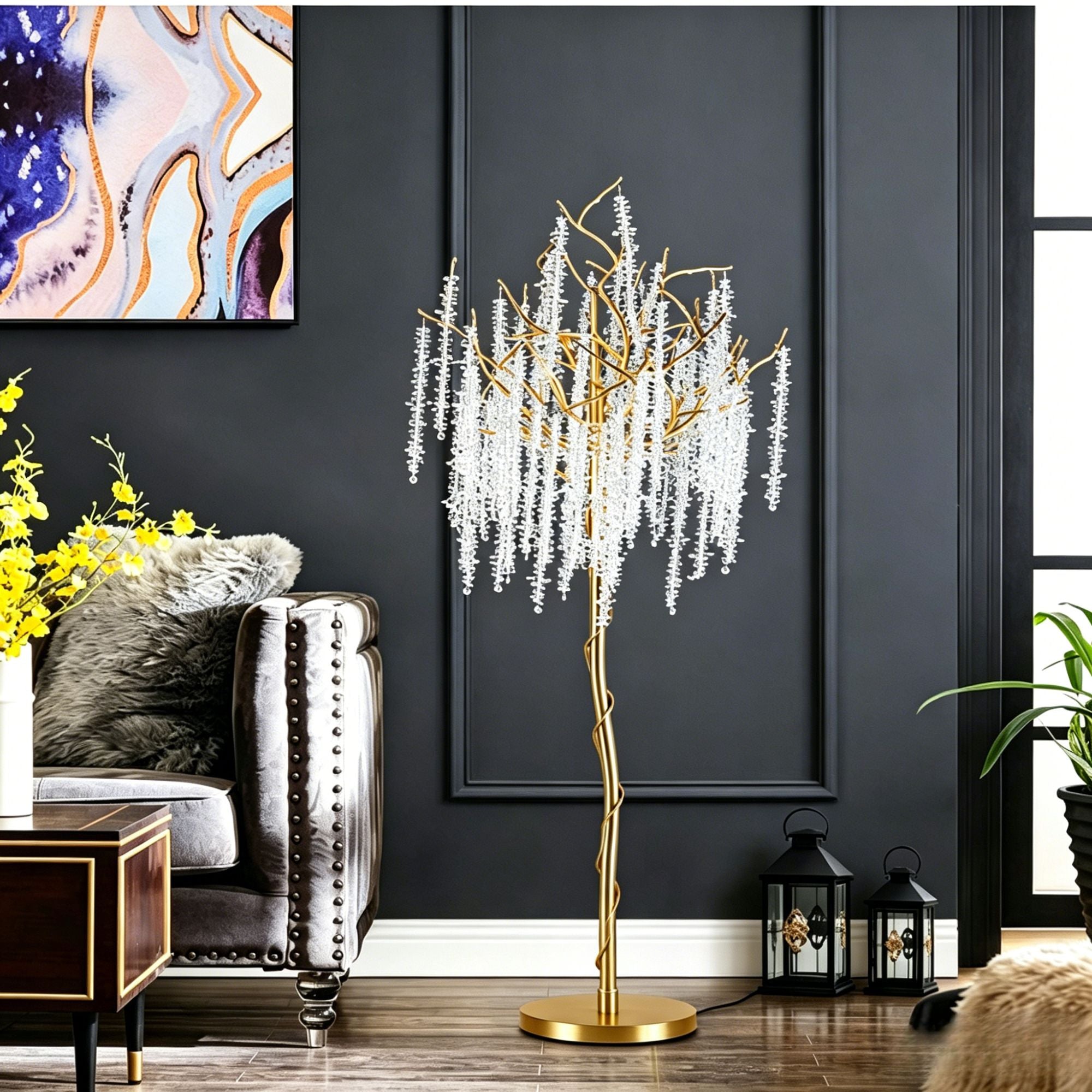 Postmodern Golden Crystal Branch Floor Lamp, Luxury Art Dimmable LED Ambient Light for Living Room Bedroom Home Decor
