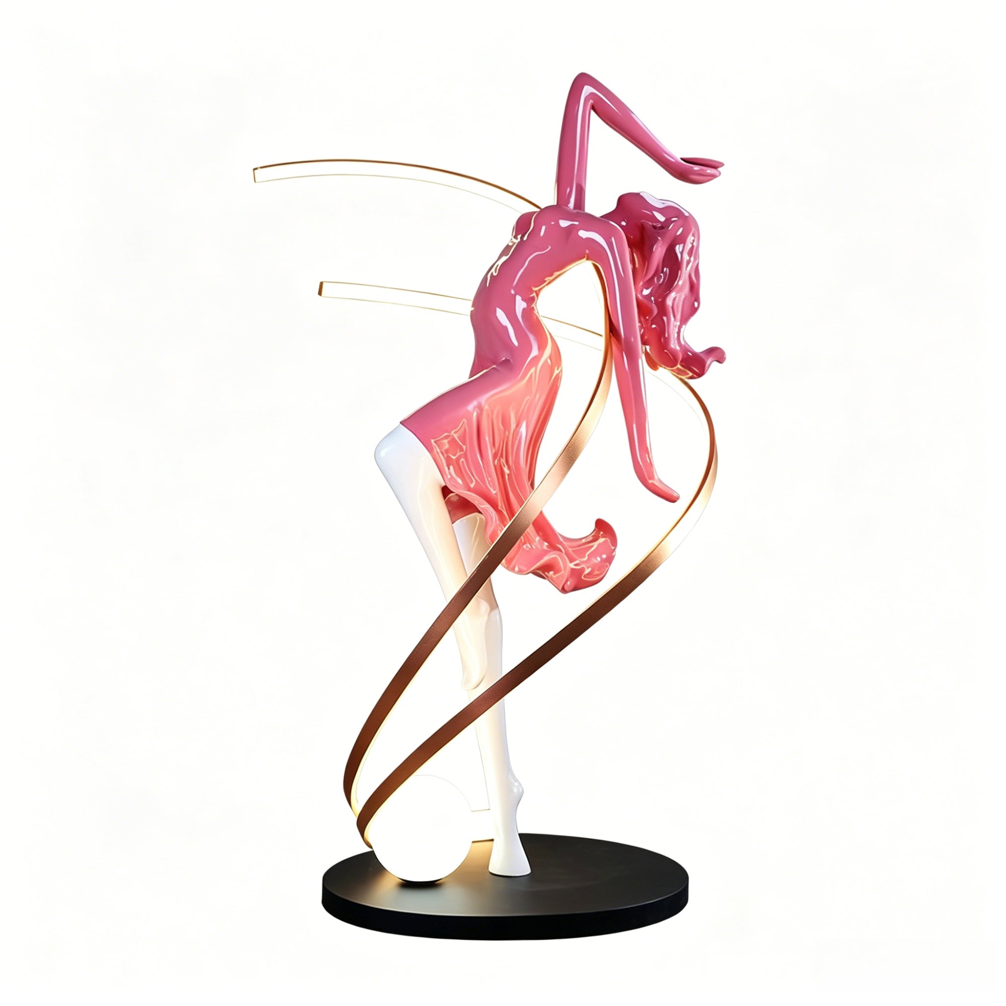 A humanoid art sculpture floor lamp featuring a pink and white dancer figure with curved metallic copper loops and two glowing white globe lights.