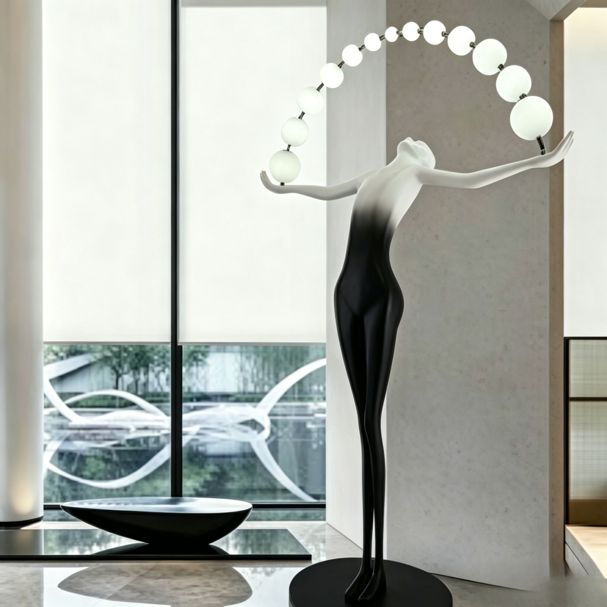 A modern decorative sculpture of a stylized female figure in black and white, with a curved string of glowing white globe lights arching above her head.Place it in the living room, hotel or villa, and it will have an artistic touch.