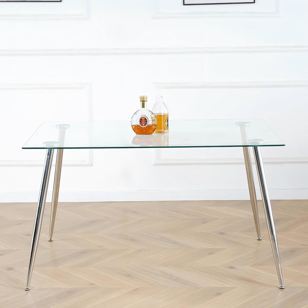 Modern Simple Rectangular Glass Dining Table, Solid Tempered Glass Tabletop-DT009