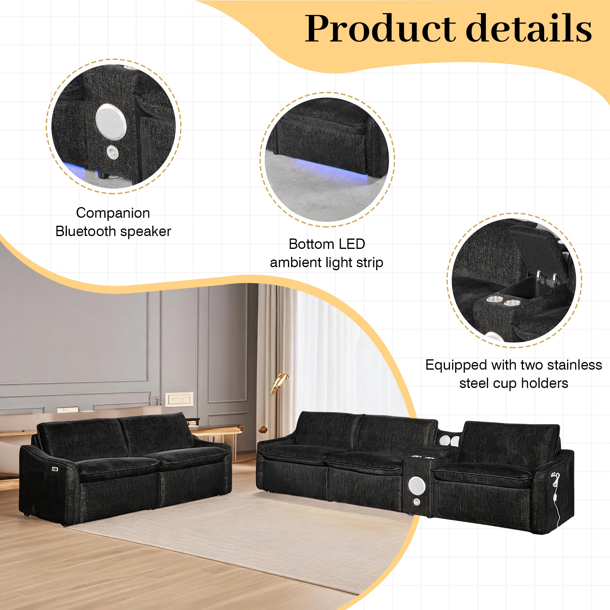 Black Electric Recliner Sofa Set