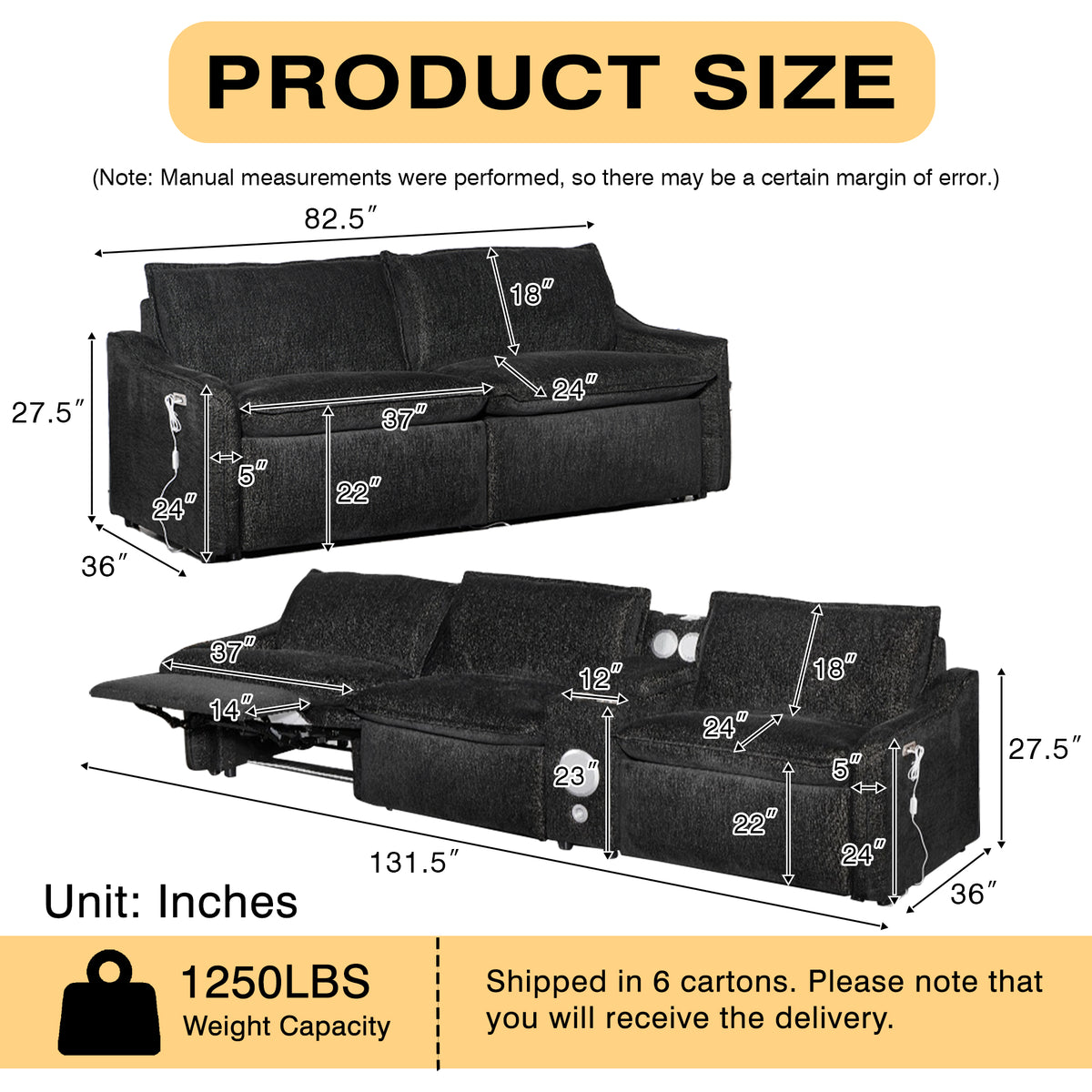 Black Electric Recliner Sofa Set
