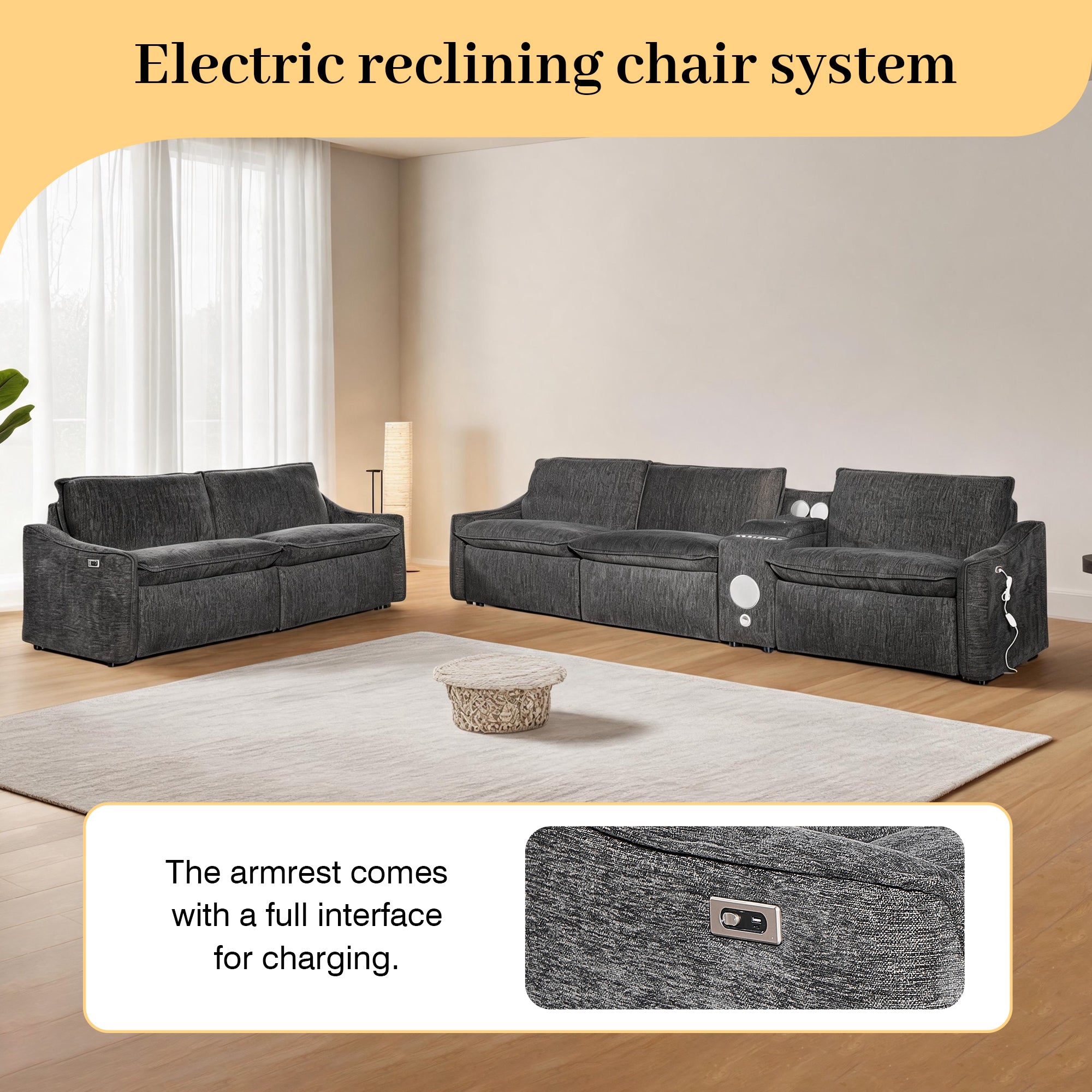 Grey Electric Recliner Sofa Set
