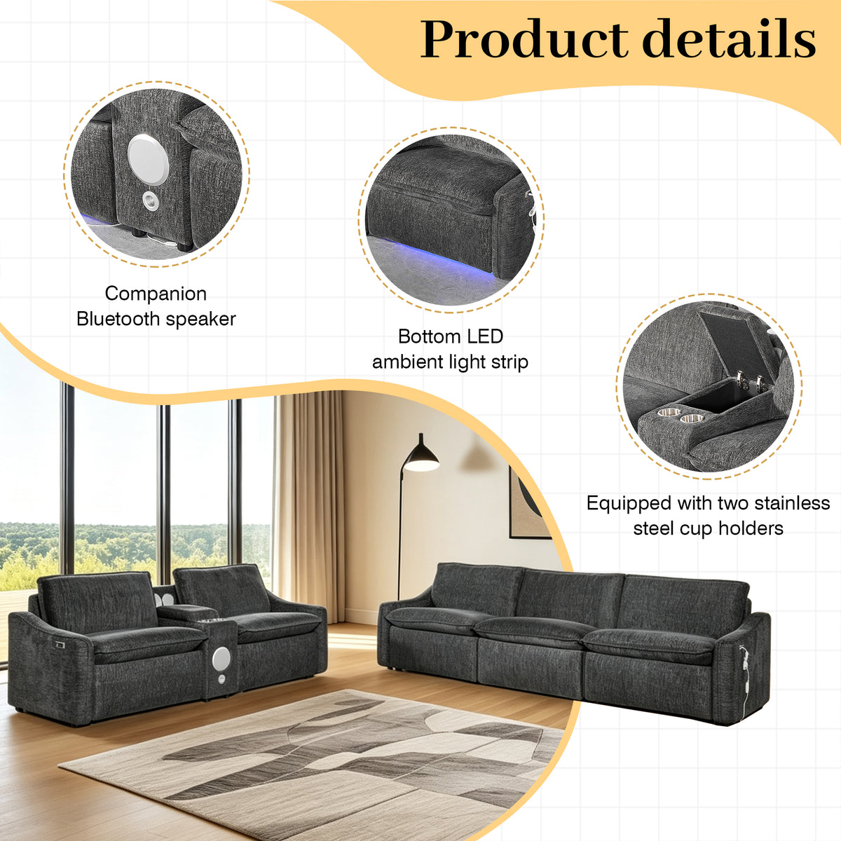 Grey Electric Recliner Sofa Set