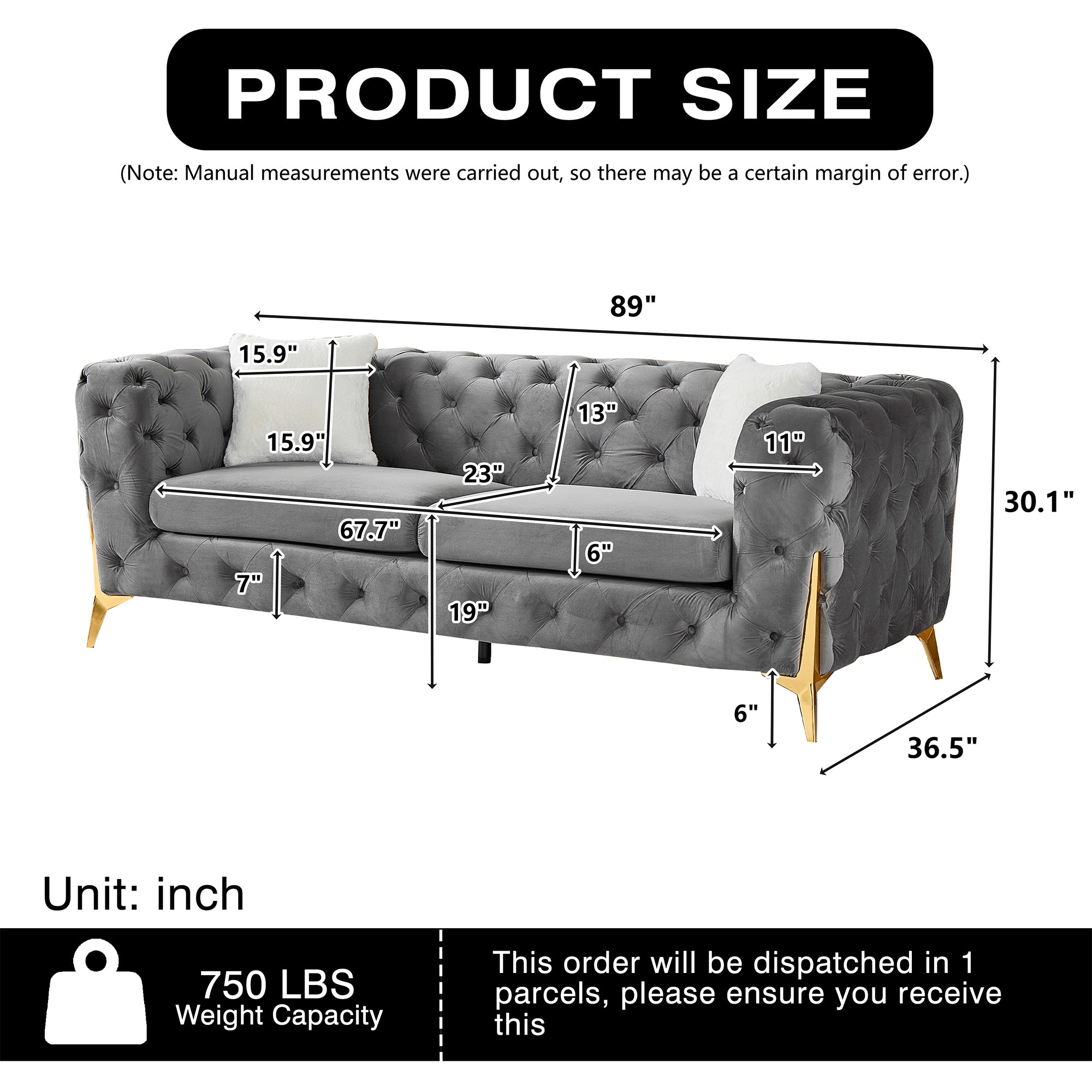 Grey 3S Chesterfield Sofa, Tufted Velvet Sofa, 3 Seater Sofa, Living Room Couch, Classic Button Tuft Sofa