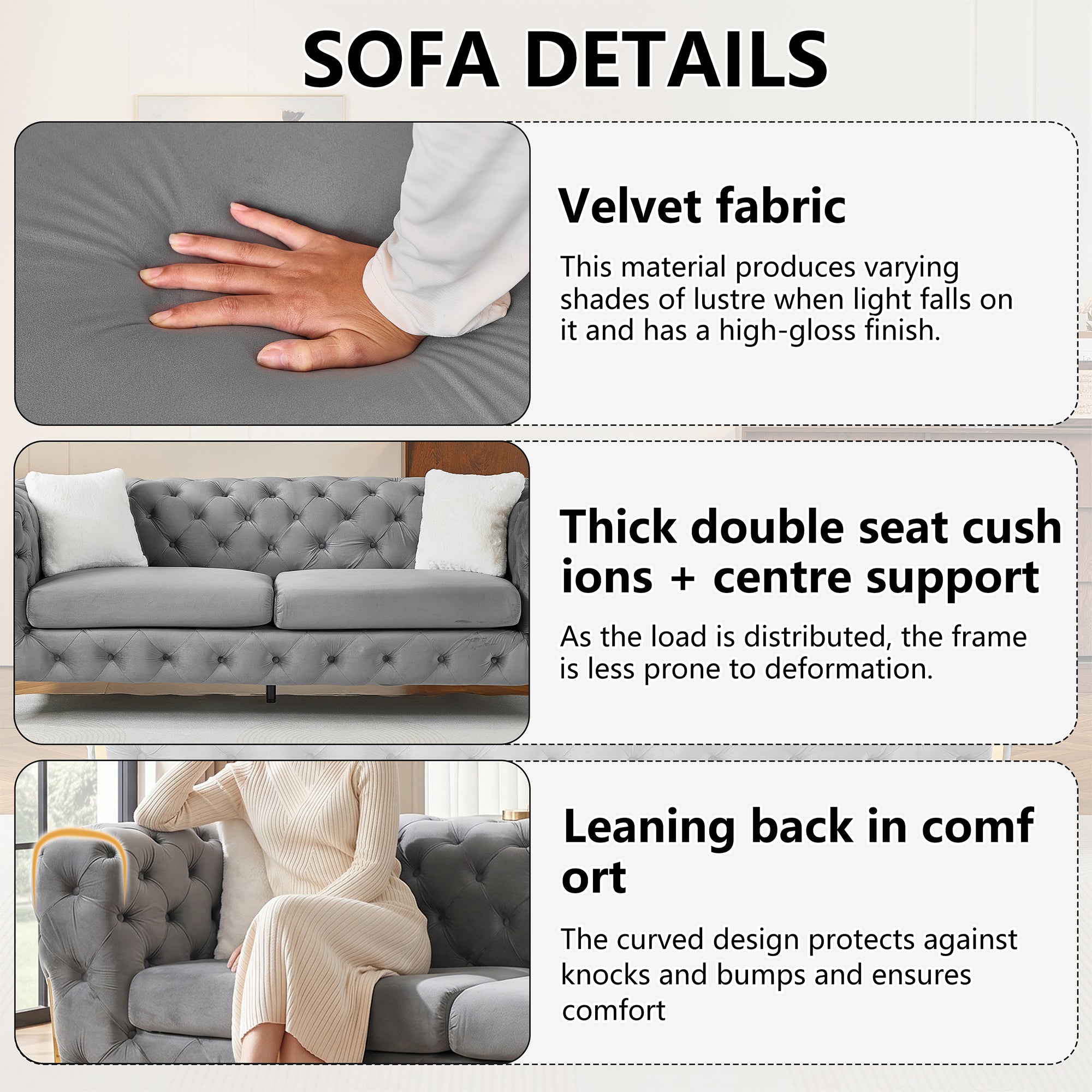 Grey 3S Chesterfield Sofa, Tufted Velvet Sofa, 3 Seater Sofa, Living Room Couch, Classic Button Tuft Sofa