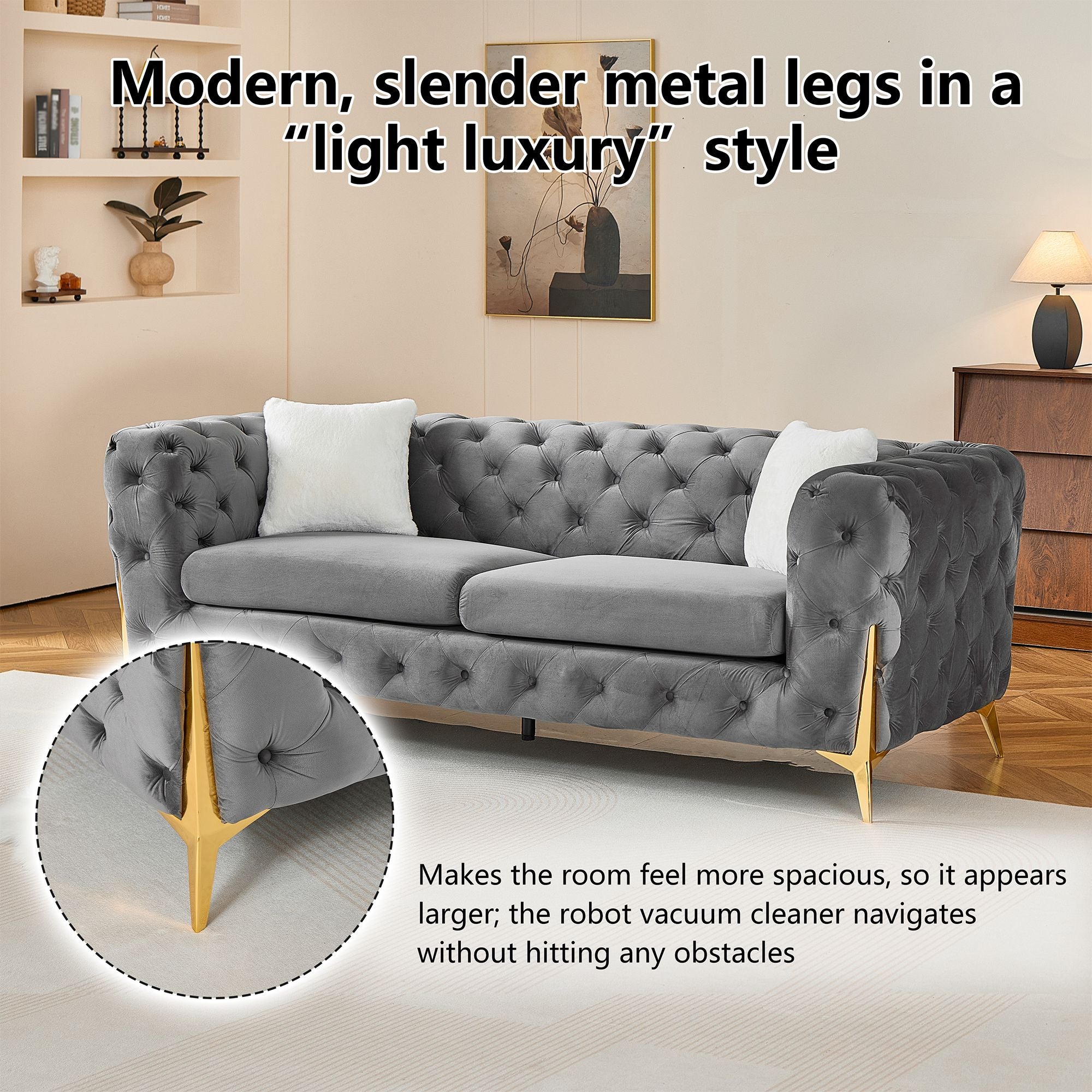 Grey 3S Chesterfield Sofa, Tufted Velvet Sofa, 3 Seater Sofa, Living Room Couch, Classic Button Tuft Sofa