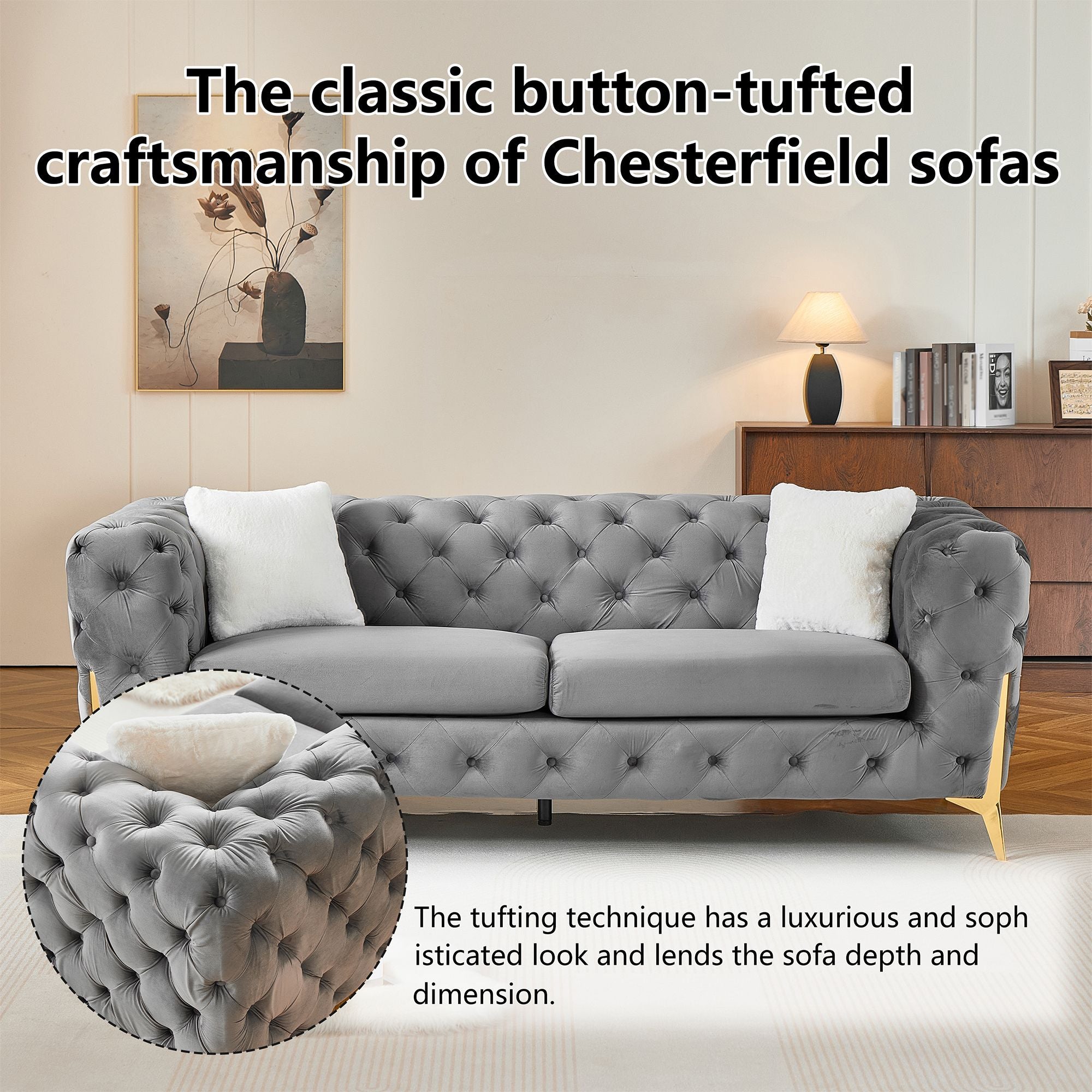 Grey 3S Chesterfield Sofa, Tufted Velvet Sofa, 3 Seater Sofa, Living Room Couch, Classic Button Tuft Sofa