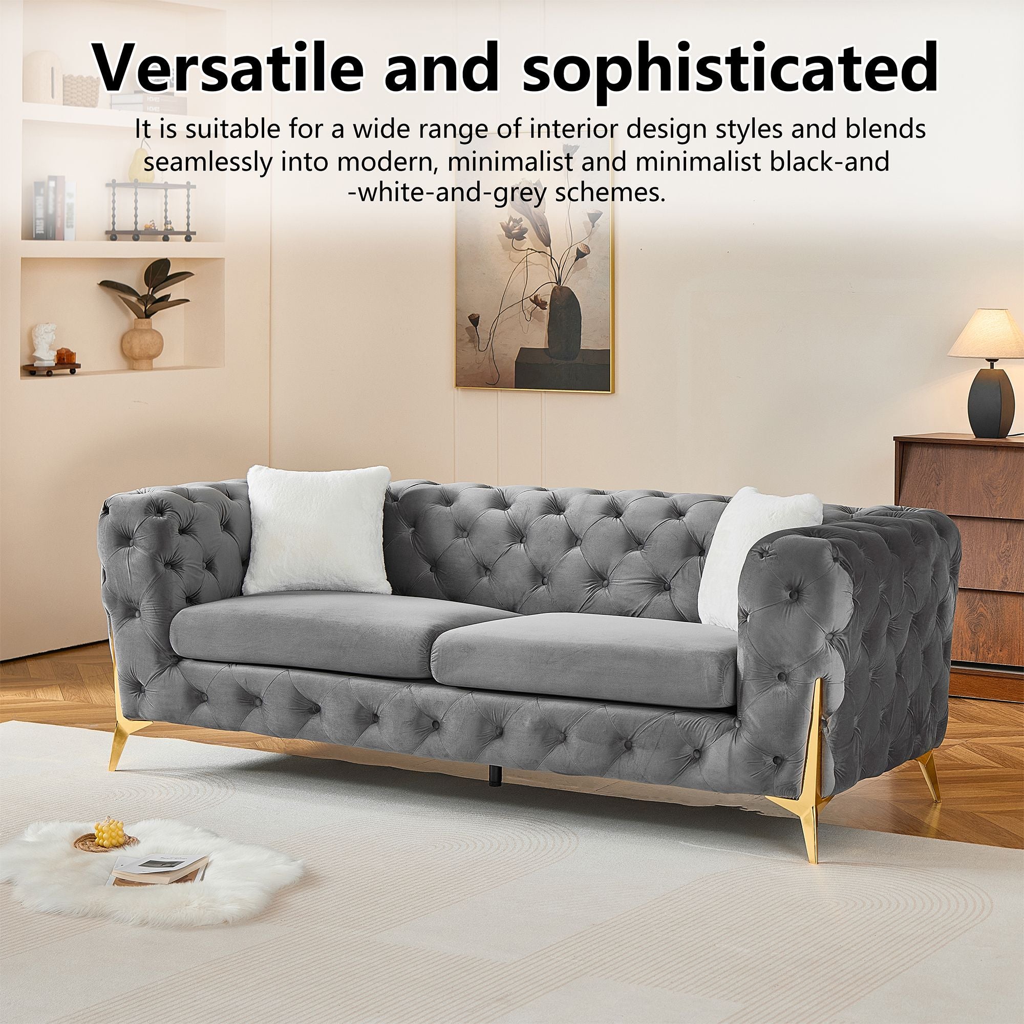 Grey 3S Chesterfield Sofa, Tufted Velvet Sofa, 3 Seater Sofa, Living Room Couch, Classic Button Tuft Sofa
