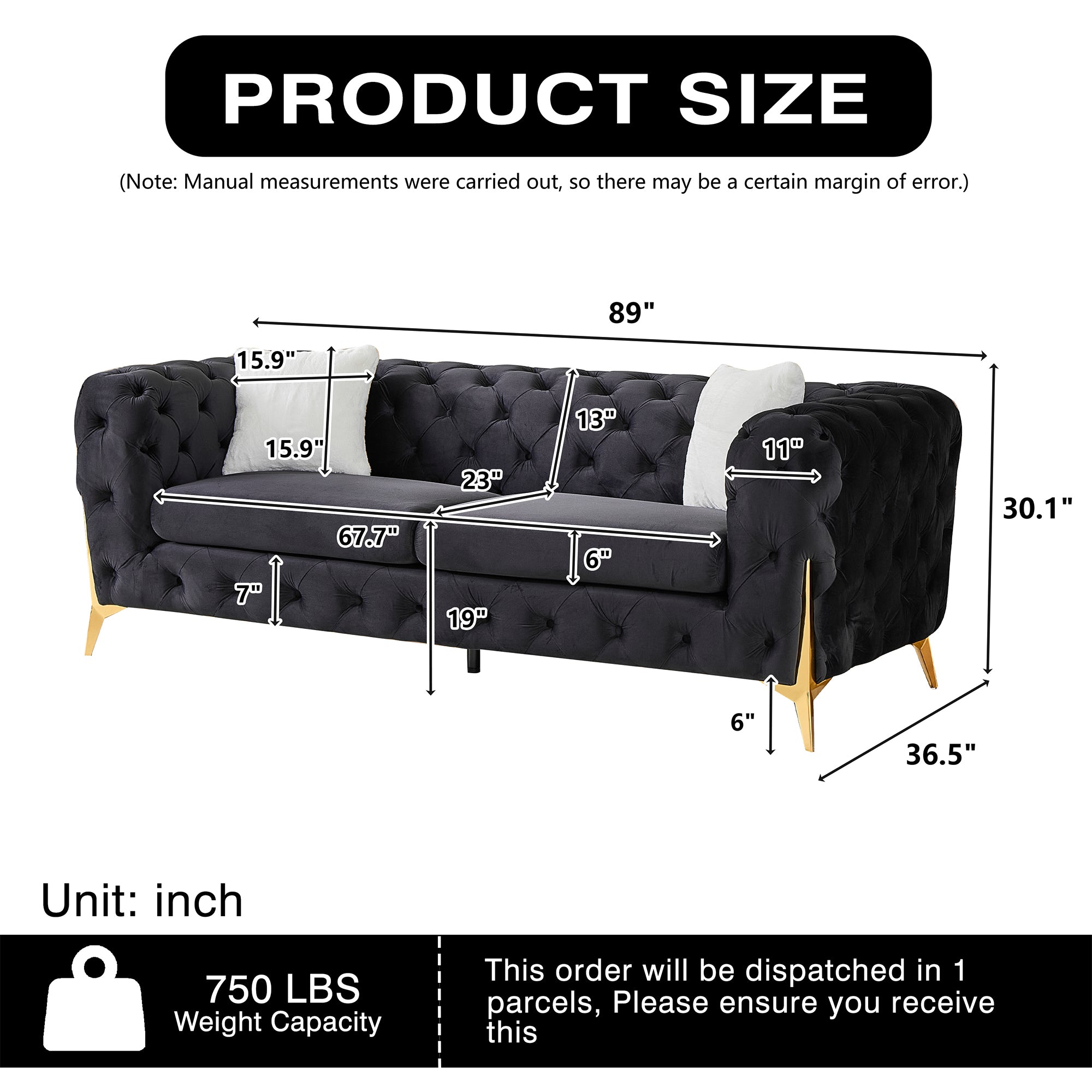 Black 3S Chesterfield Sofa, Tufted Velvet Sofa, 3 Seater Sofa, Living Room Couch, Classic Button Tuft Sofa
