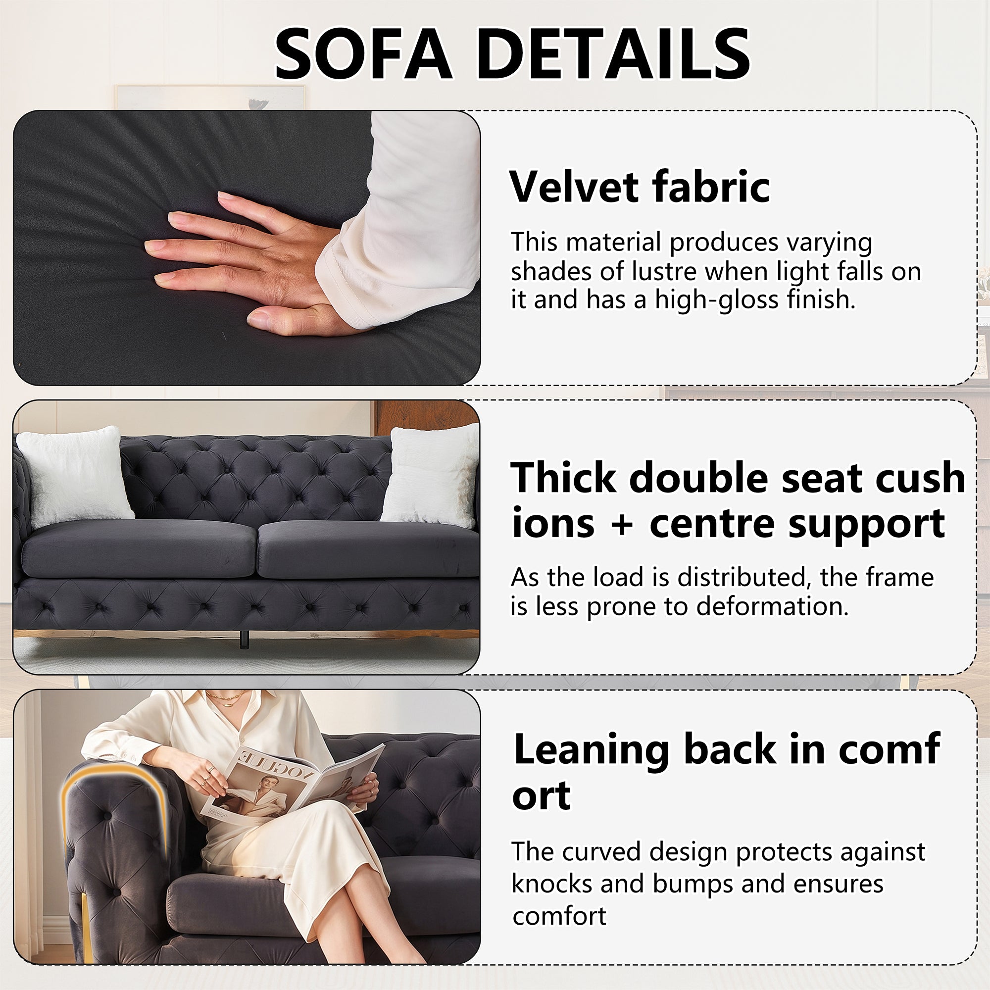 Black 3S Chesterfield Sofa, Tufted Velvet Sofa, 3 Seater Sofa, Living Room Couch, Classic Button Tuft Sofa