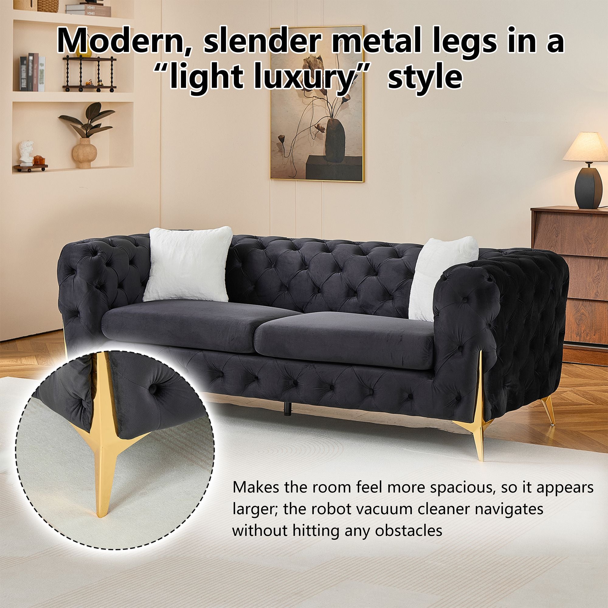 Black 3S Chesterfield Sofa, Tufted Velvet Sofa, 3 Seater Sofa, Living Room Couch, Classic Button Tuft Sofa