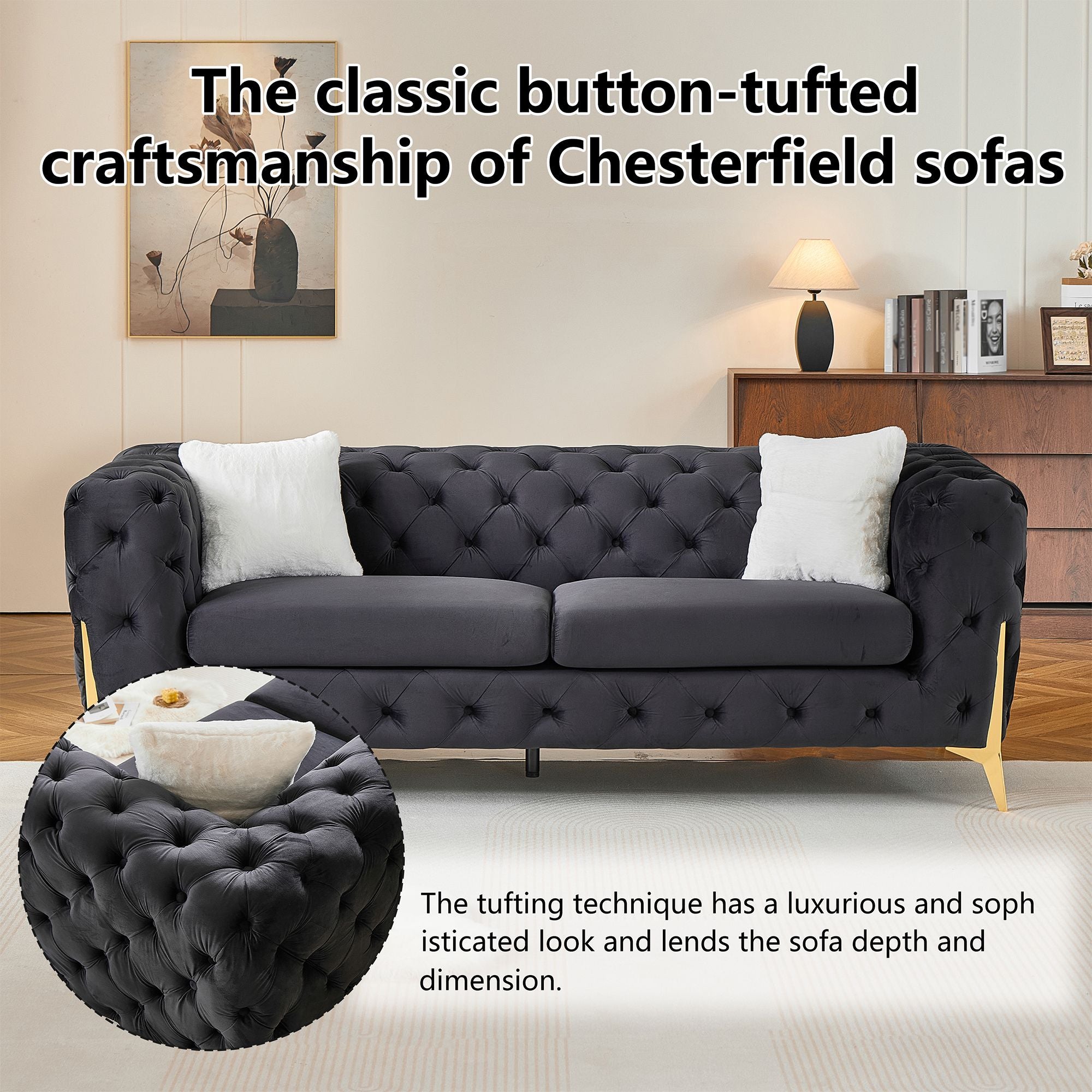 Black 3S Chesterfield Sofa, Tufted Velvet Sofa, 3 Seater Sofa, Living Room Couch, Classic Button Tuft Sofa