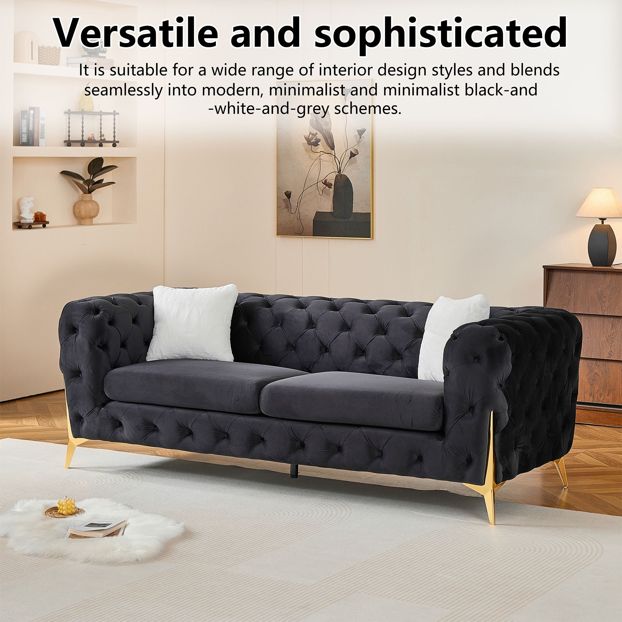 Black 3S Chesterfield Sofa, Tufted Velvet Sofa, 3 Seater Sofa, Living Room Couch, Classic Button Tuft Sofa